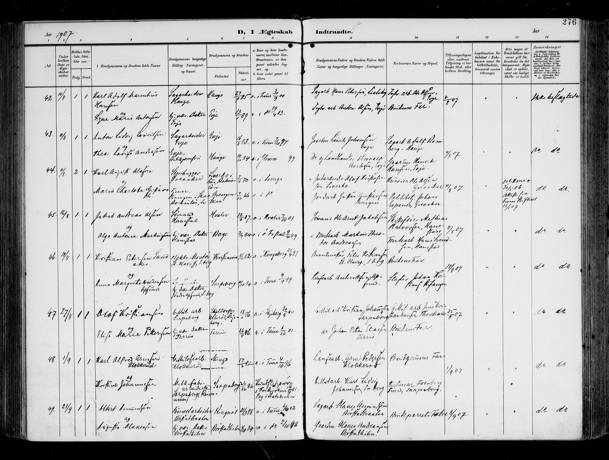 Tune prestekontor Kirkebøker, AV/SAO-A-2007/F/Fa/L0020: Parish register (official) no. 20, 1904-1909, p. 276