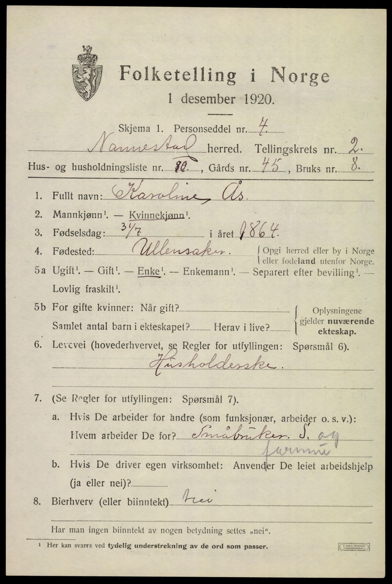 SAO, 1920 census for Nannestad, 1920, p. 3669