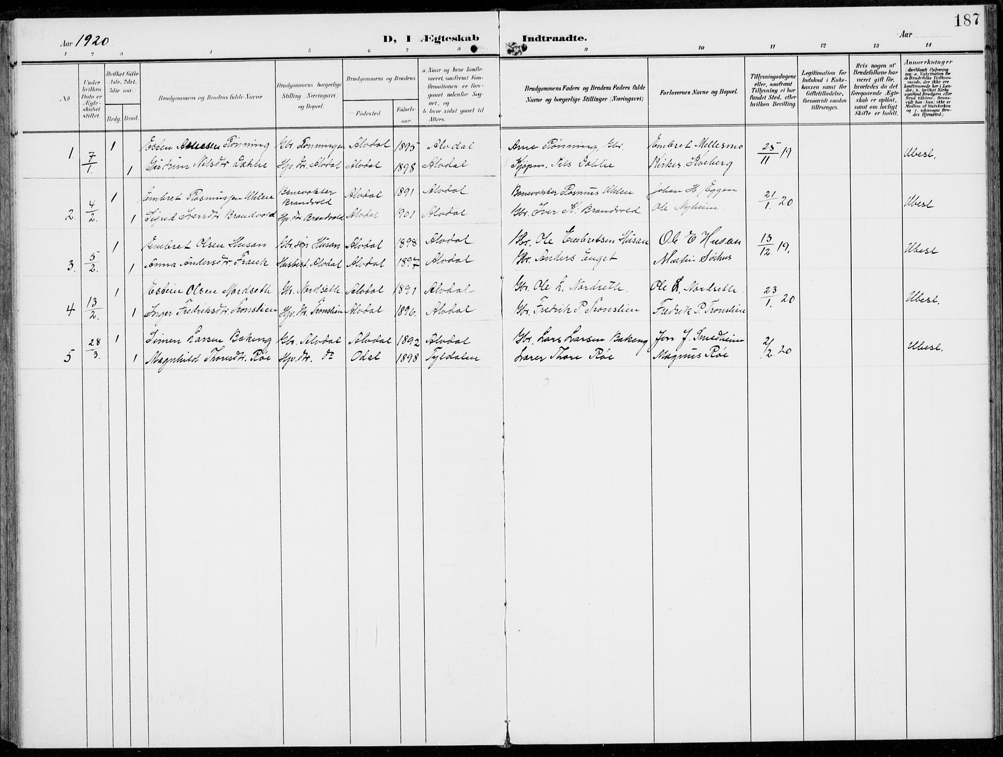 Alvdal prestekontor, SAH/PREST-060/H/Ha/Haa/L0004: Parish register (official) no. 4, 1907-1919, p. 187