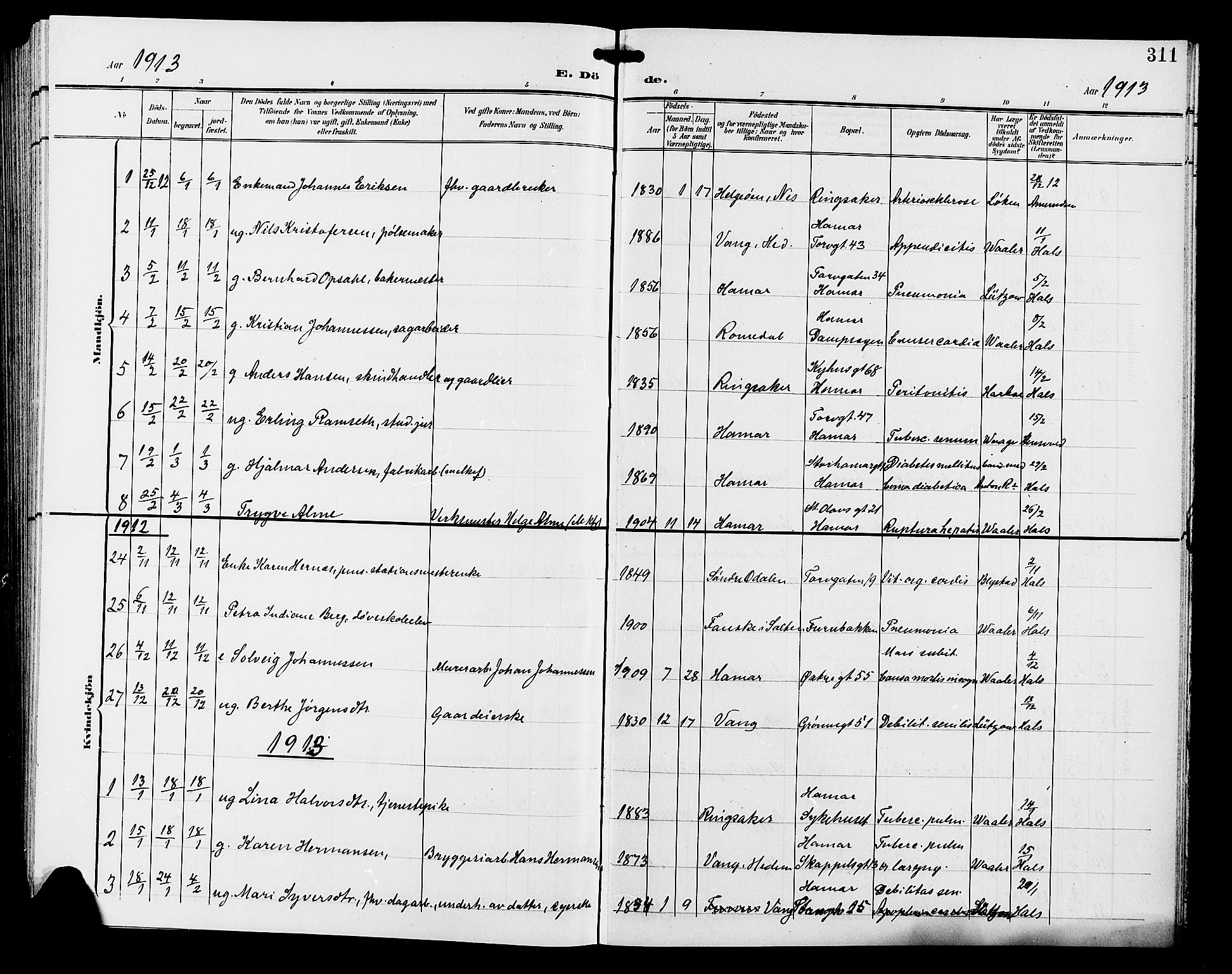 Hamar prestekontor, SAH/DOMPH-002/H/Ha/Hab/L0001: Parish register (copy) no. 1, 1899-1914, p. 311