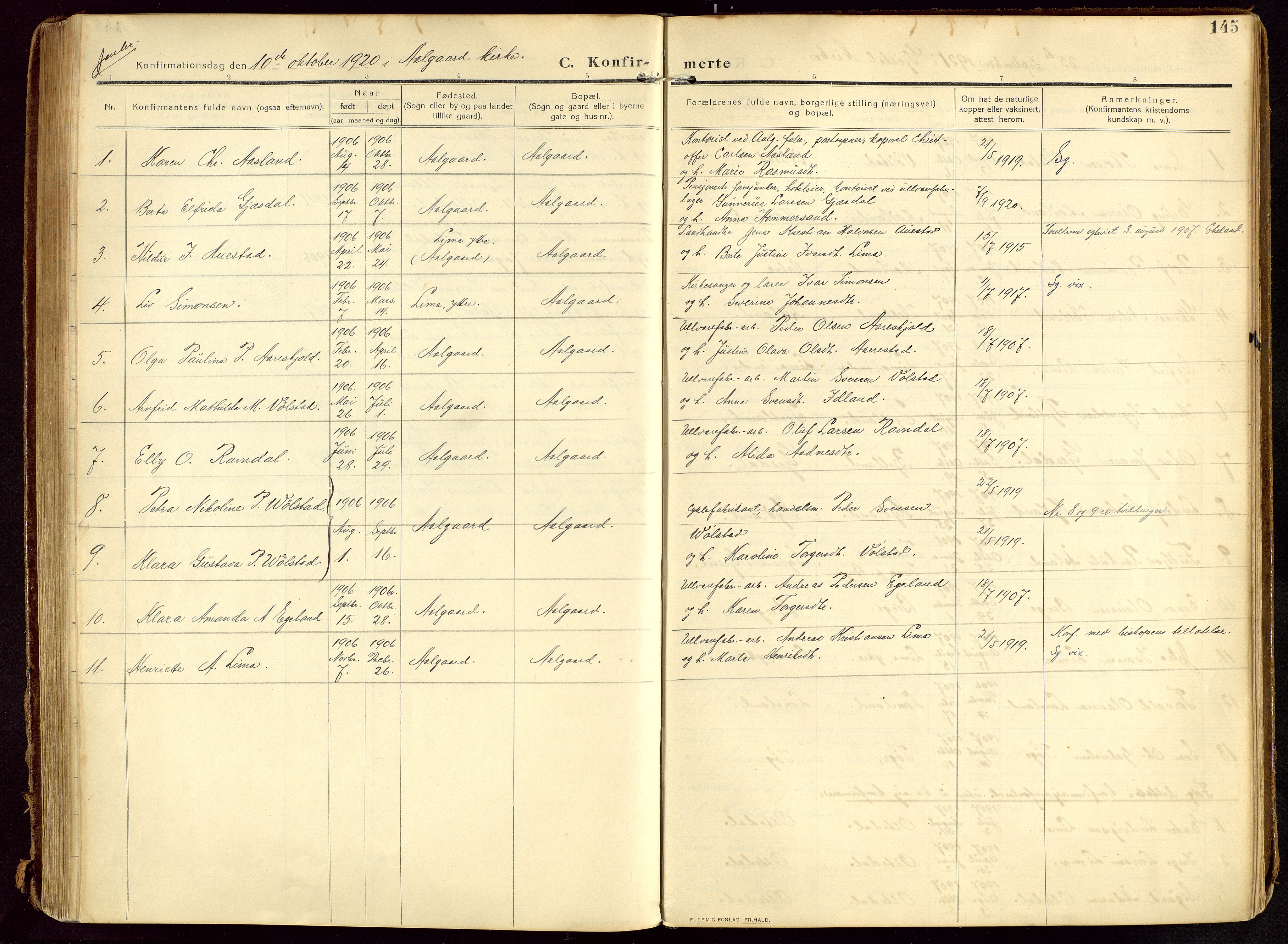 Lye sokneprestkontor, AV/SAST-A-101794/002/B/L0001: Parish register (official) no. A 13, 1910-1925, p. 145