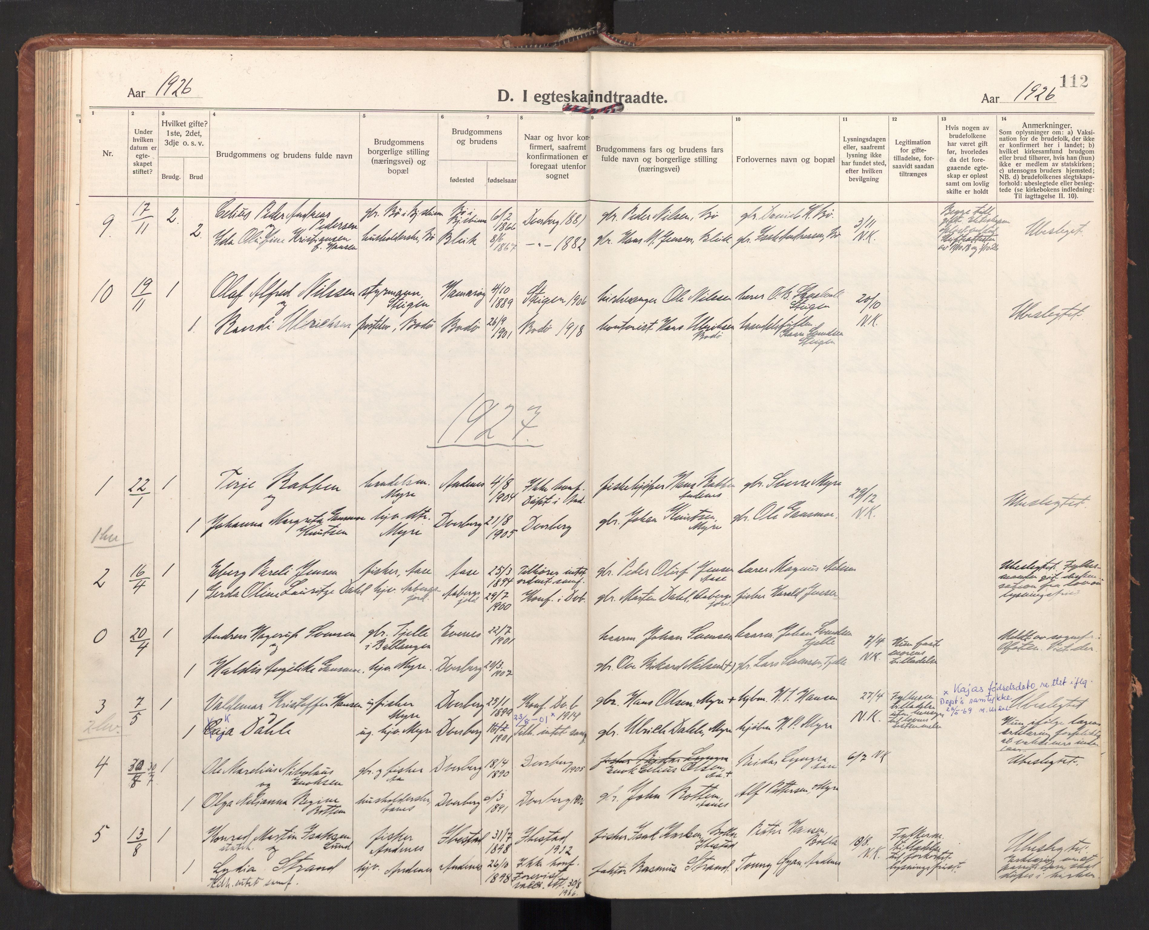 Ministerialprotokoller, klokkerbøker og fødselsregistre - Nordland, SAT/A-1459/897/L1408: Parish register (official) no. 897A15, 1922-1938, p. 112