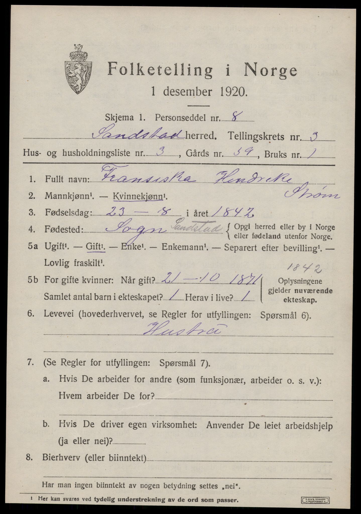 SAT, 1920 census for Sandstad, 1920, p. 1645