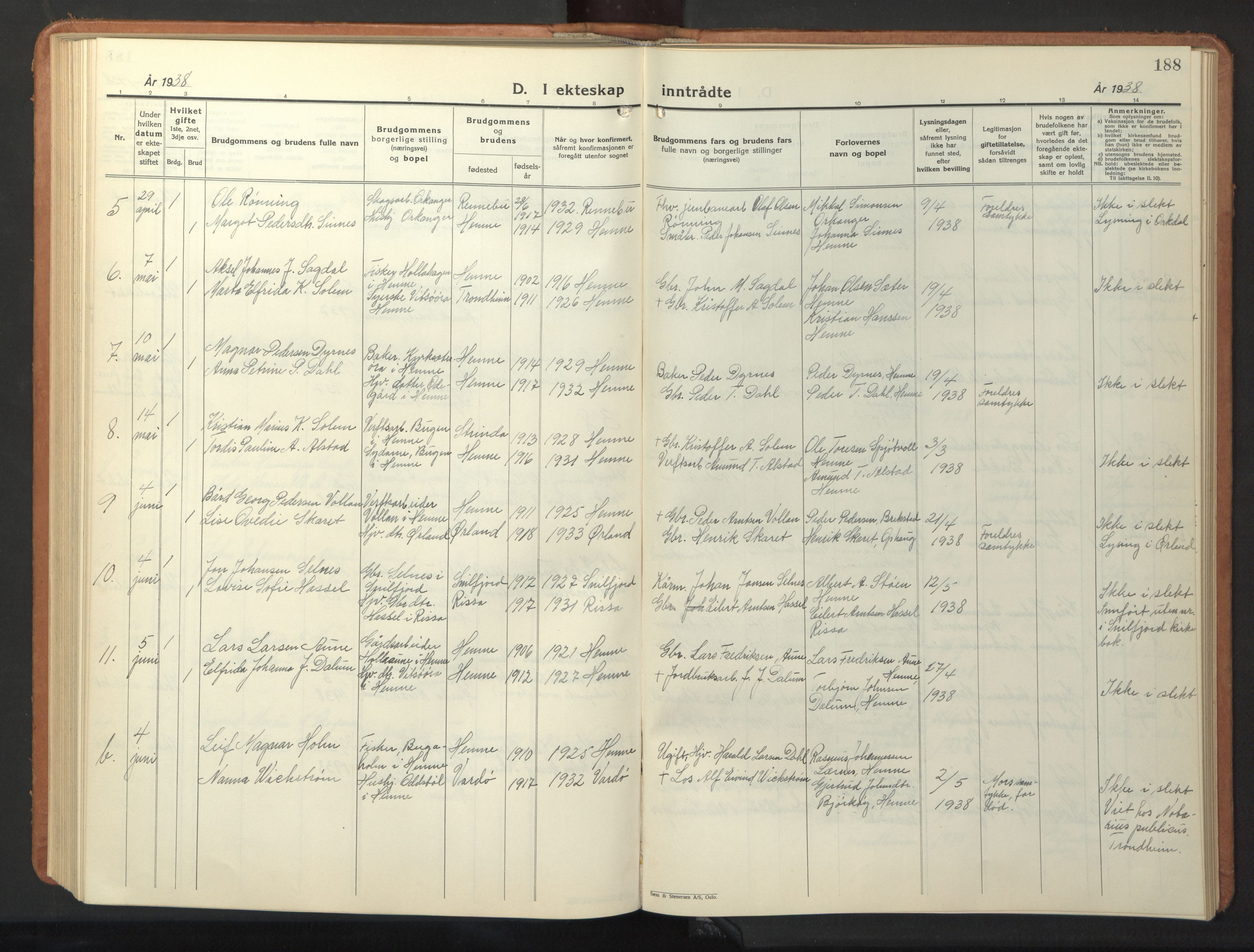 Ministerialprotokoller, klokkerbøker og fødselsregistre - Sør-Trøndelag, SAT/A-1456/630/L0508: Parish register (copy) no. 630C06, 1933-1950, p. 188