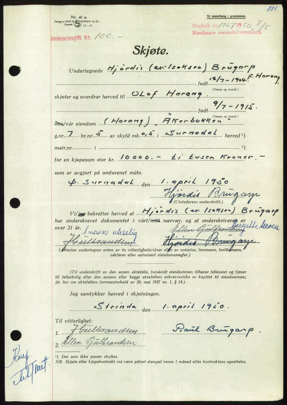 Nordmøre sorenskriveri, AV/SAT-A-4132/1/2/2Ca: Mortgage book no. A114, 1950-1950, Diary no: : 1367/1950