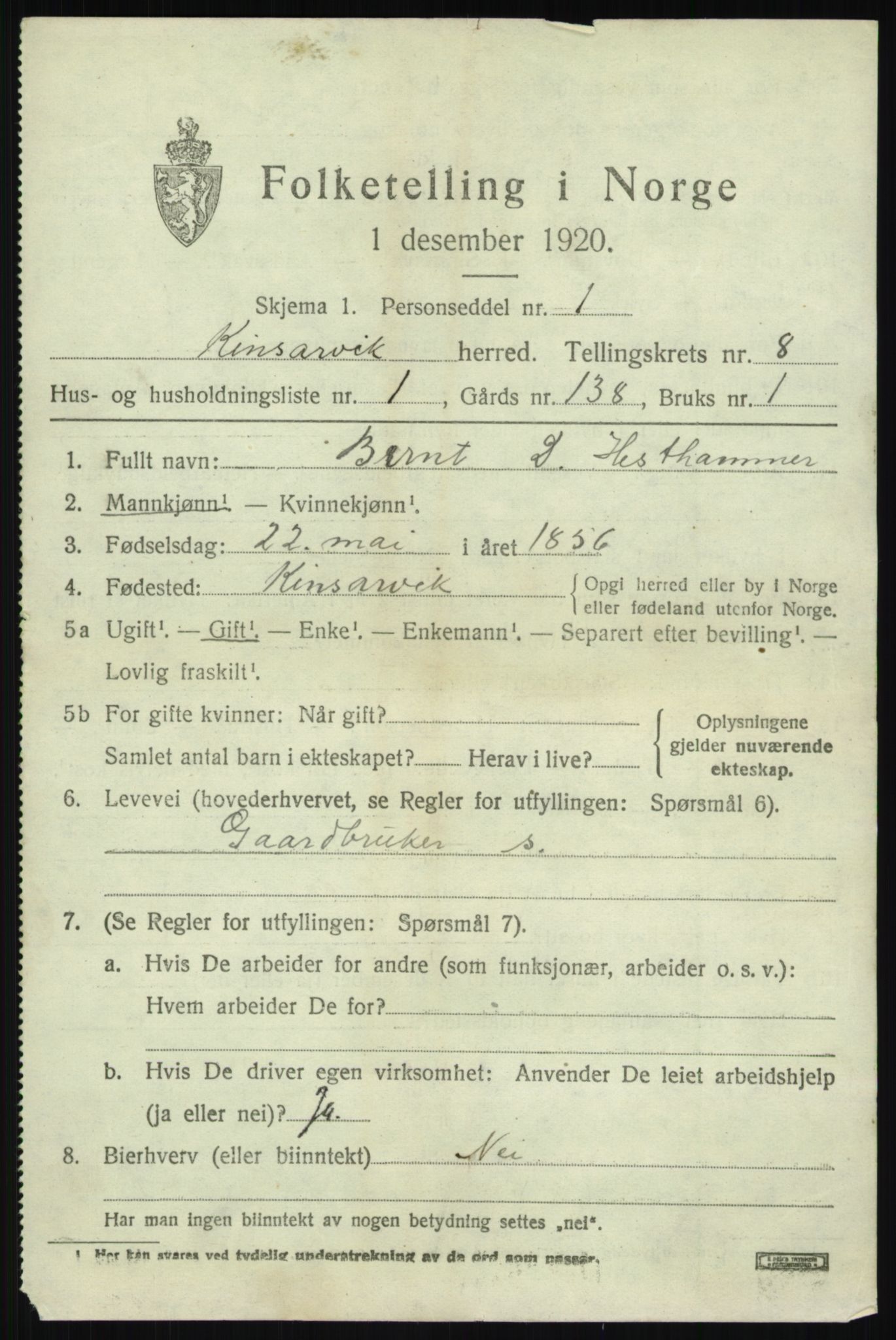 SAB, 1920 census for Kinsarvik, 1920, p. 3592