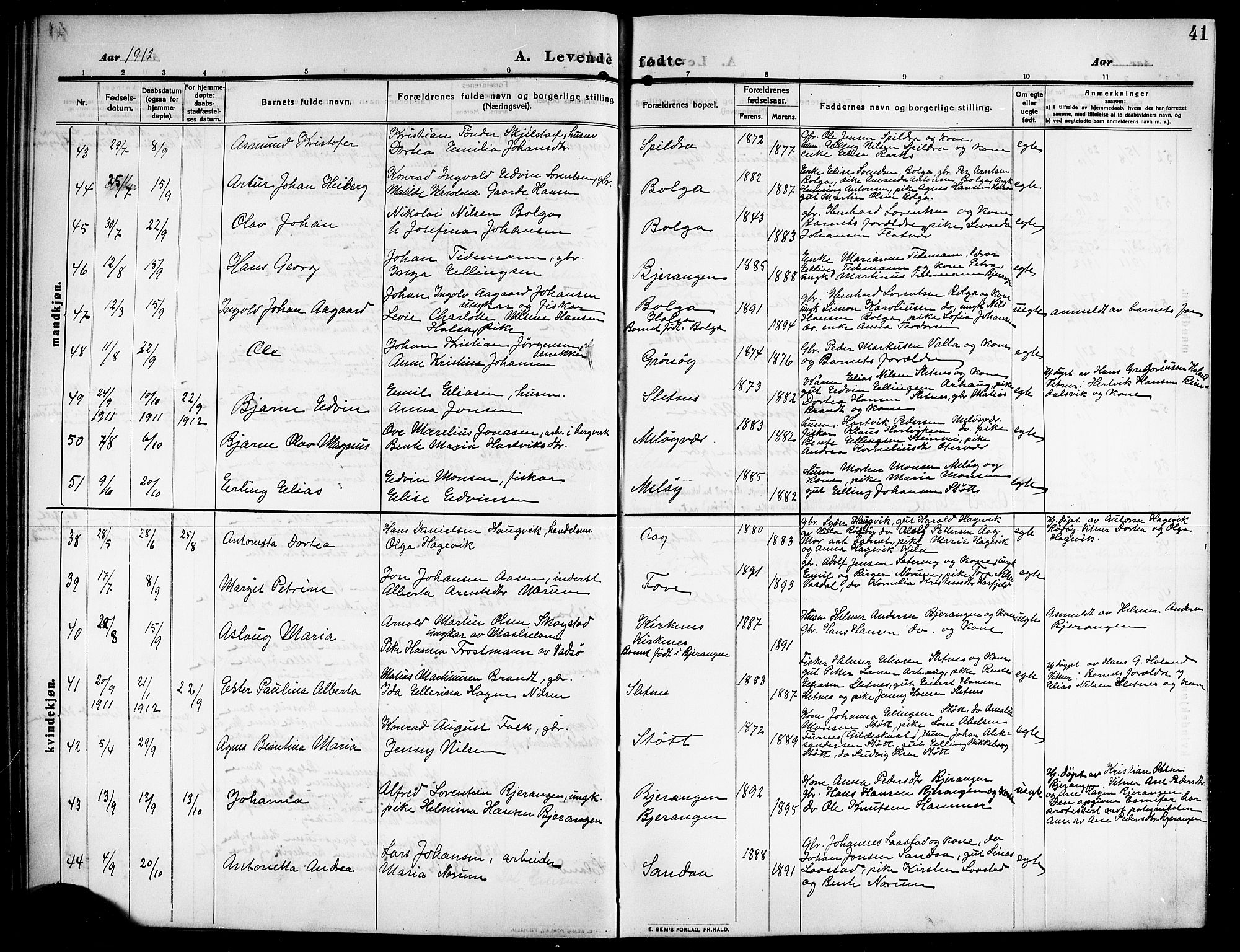 Ministerialprotokoller, klokkerbøker og fødselsregistre - Nordland, SAT/A-1459/843/L0639: Parish register (copy) no. 843C08, 1908-1924, p. 41