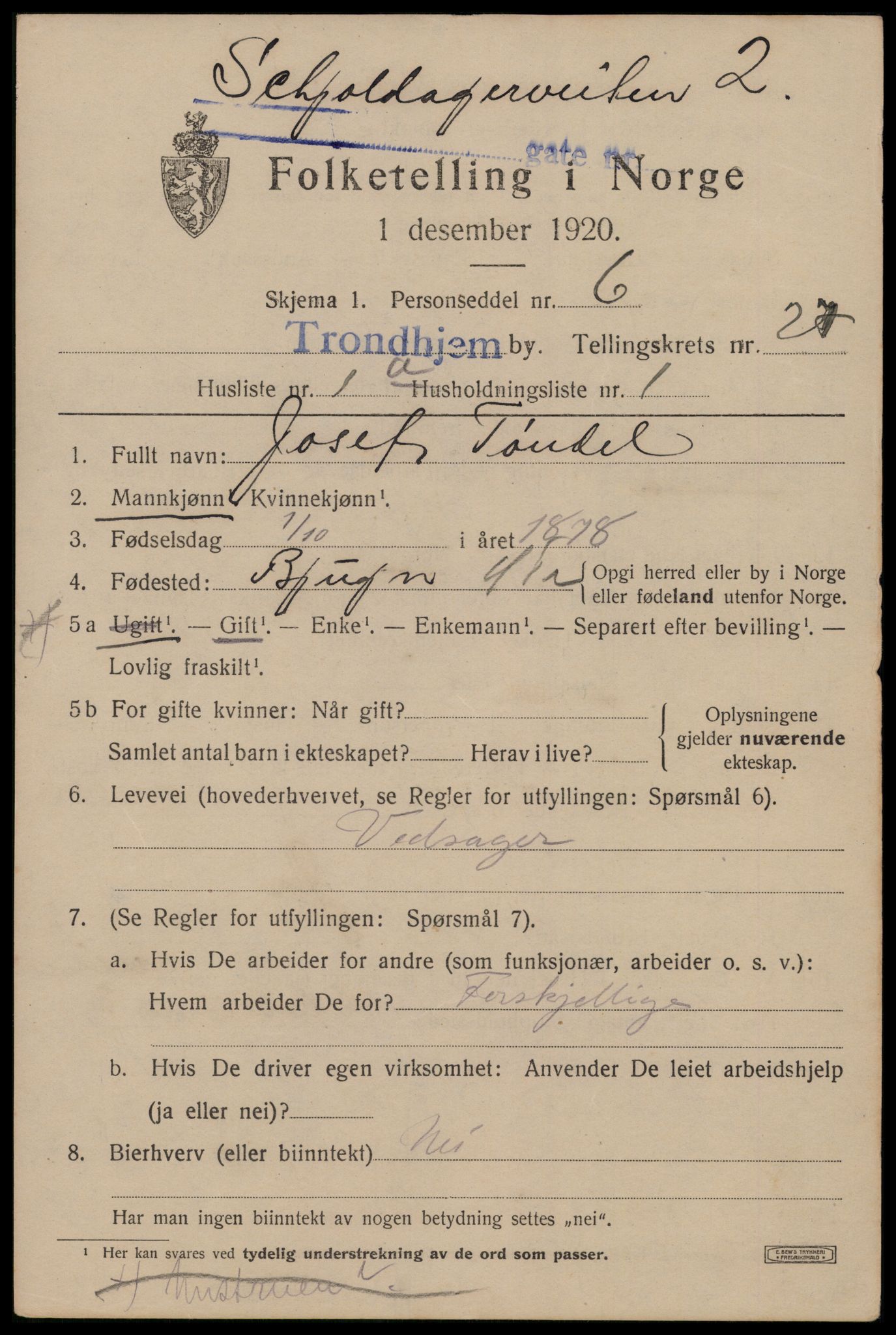 SAT, 1920 census for Trondheim, 1920, p. 69750