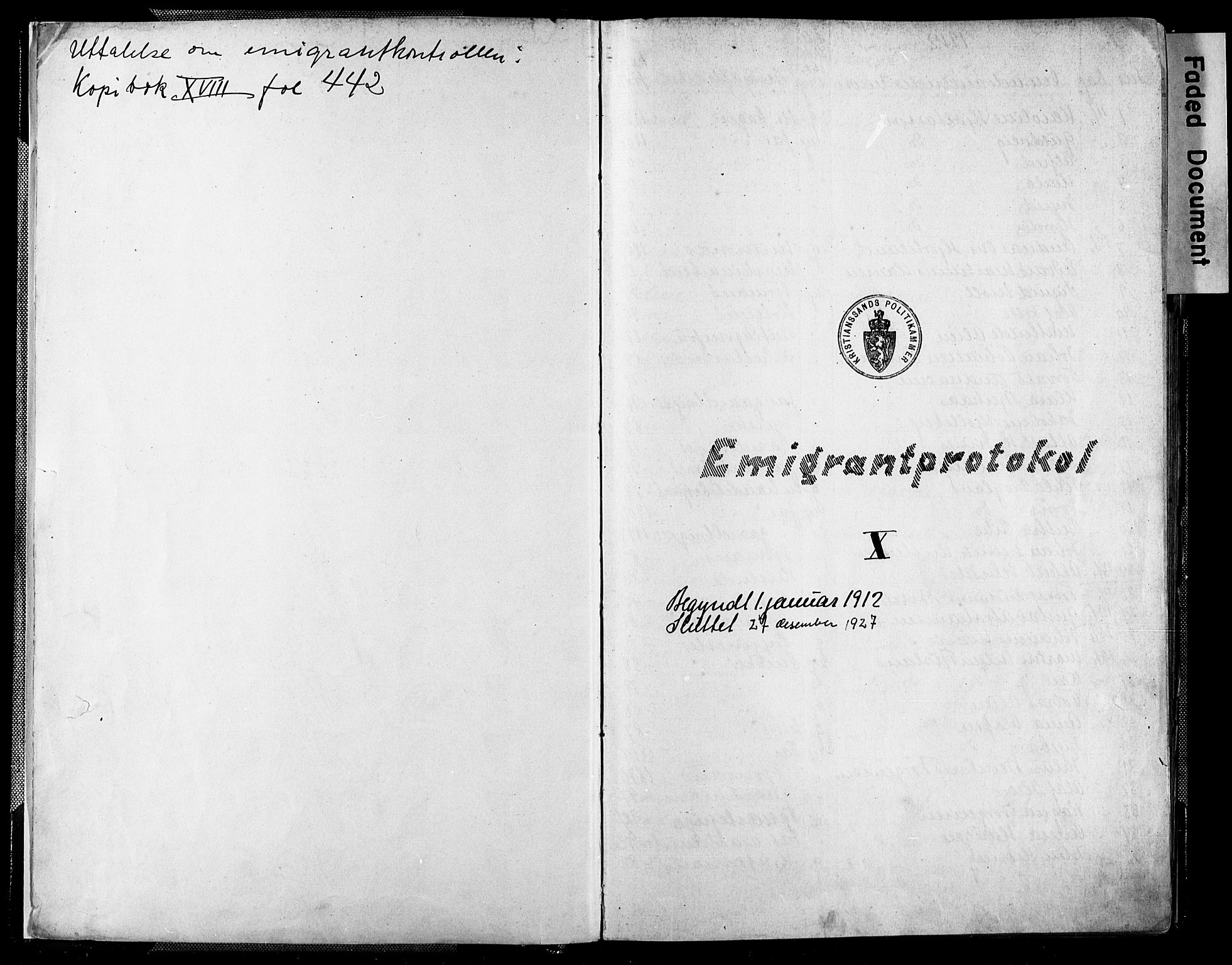 Kristiansand politikammer, SAK/1243-0004/K/Kb/L0246: Emigrantprotokoll, 1912-1927, p. 2