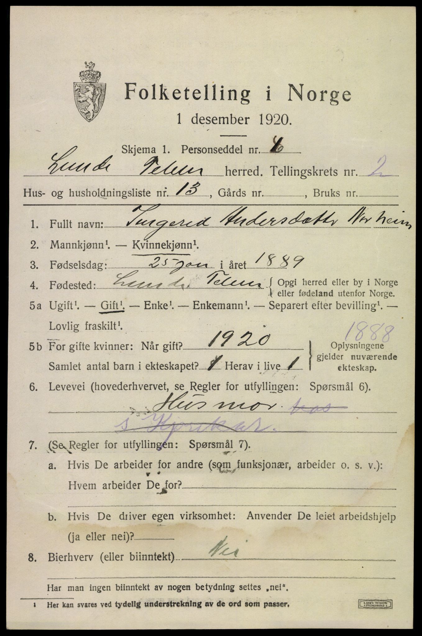 SAKO, 1920 census for Lunde, 1920, p. 1731