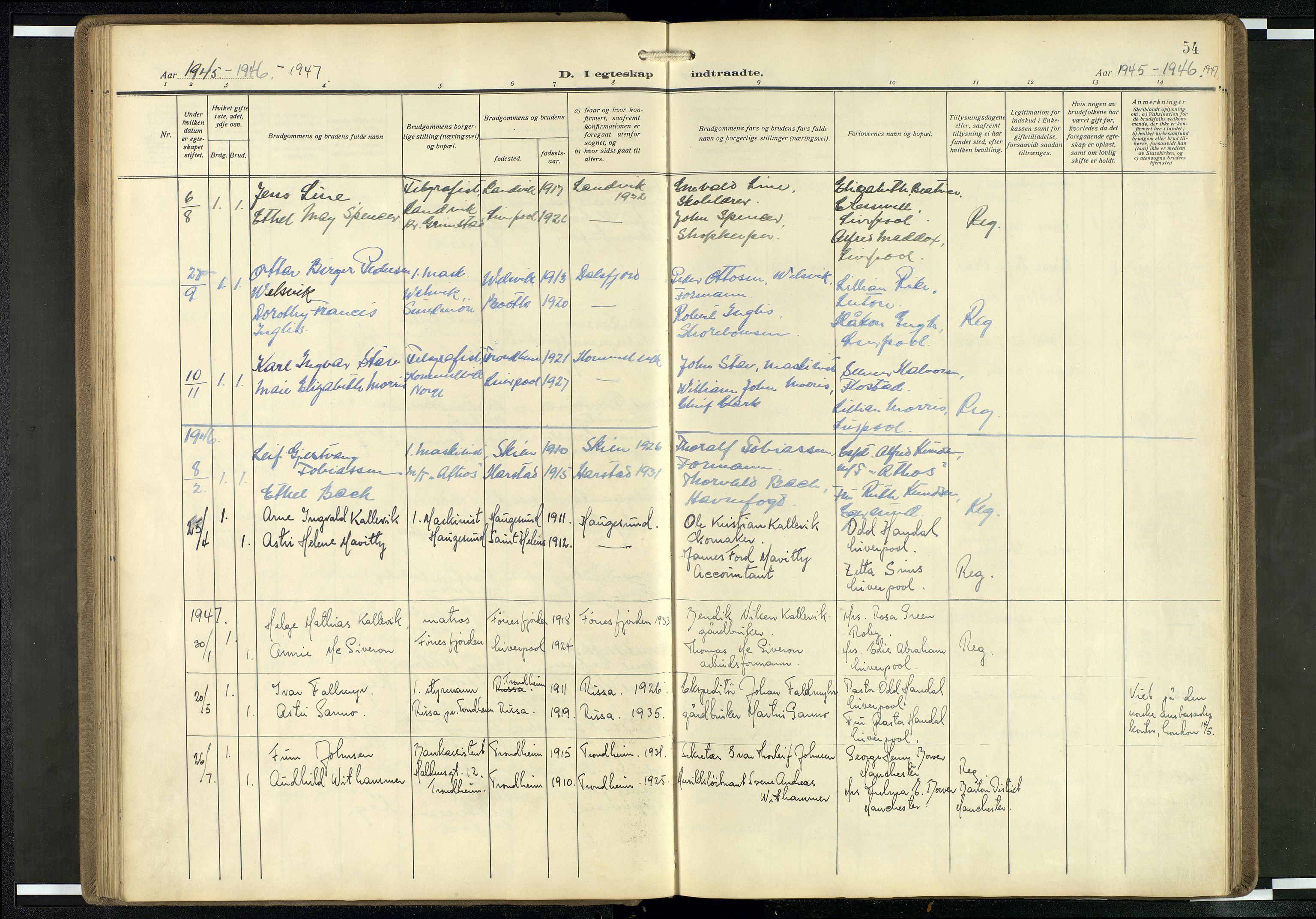 Den norske sjømannsmisjon i utlandet/Mersey-havnene (Liverpool), SAB/SAB/PA-0104/H/Ha/L0001: Parish register (official) no. A 1, 1919-1954, p. 53b-54a
