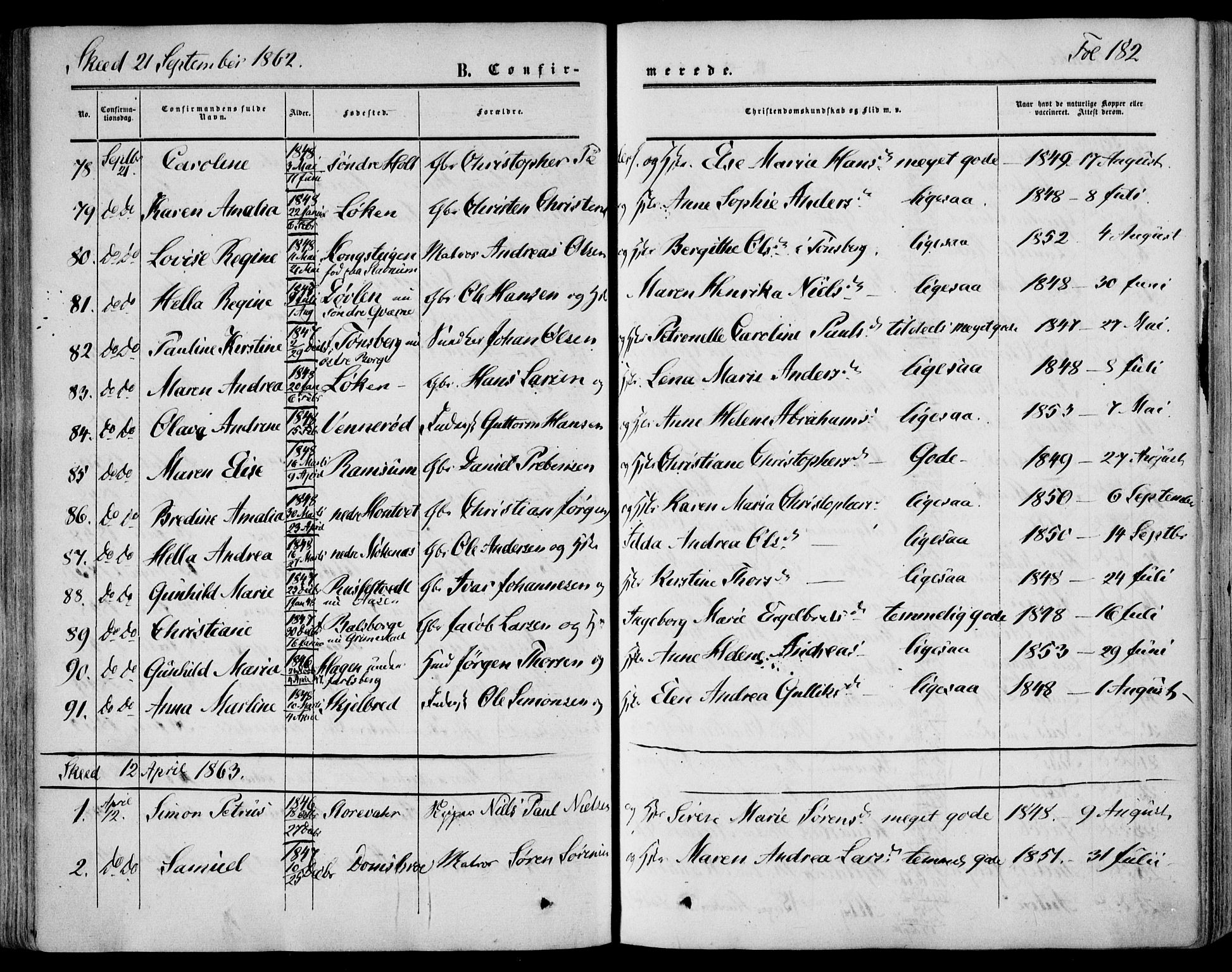 Stokke kirkebøker, SAKO/A-320/F/Fa/L0008: Parish register (official) no. I 8, 1858-1871, p. 182