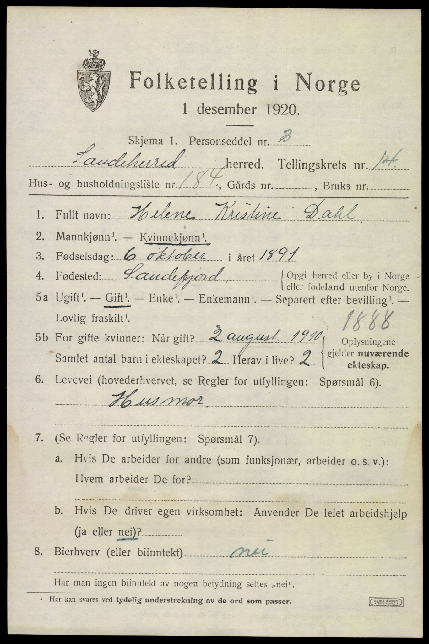 SAKO, 1920 census for Sandeherred, 1920, p. 22918
