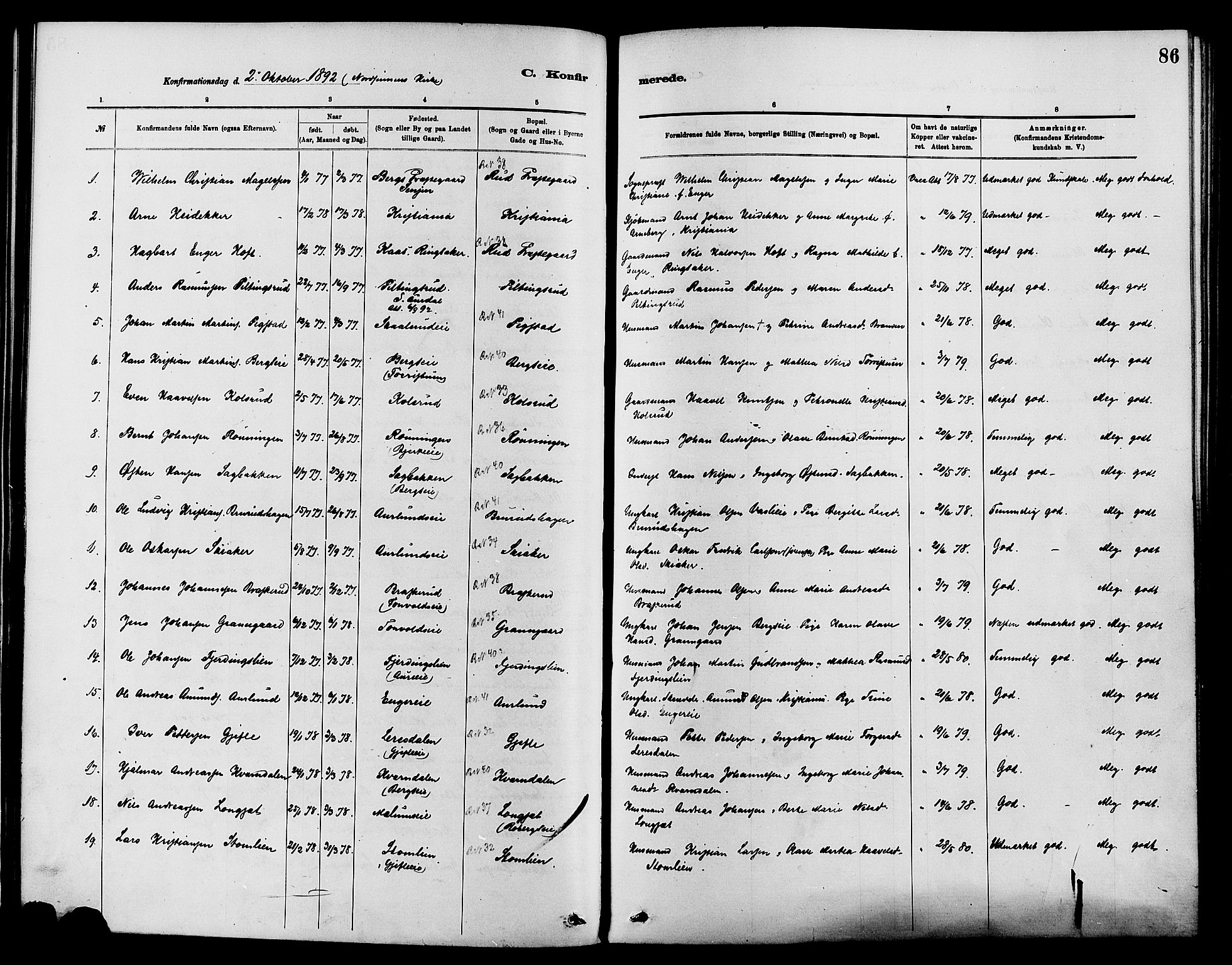 Nordre Land prestekontor, SAH/PREST-124/H/Ha/Haa/L0003: Parish register (official) no. 3, 1882-1896, p. 86