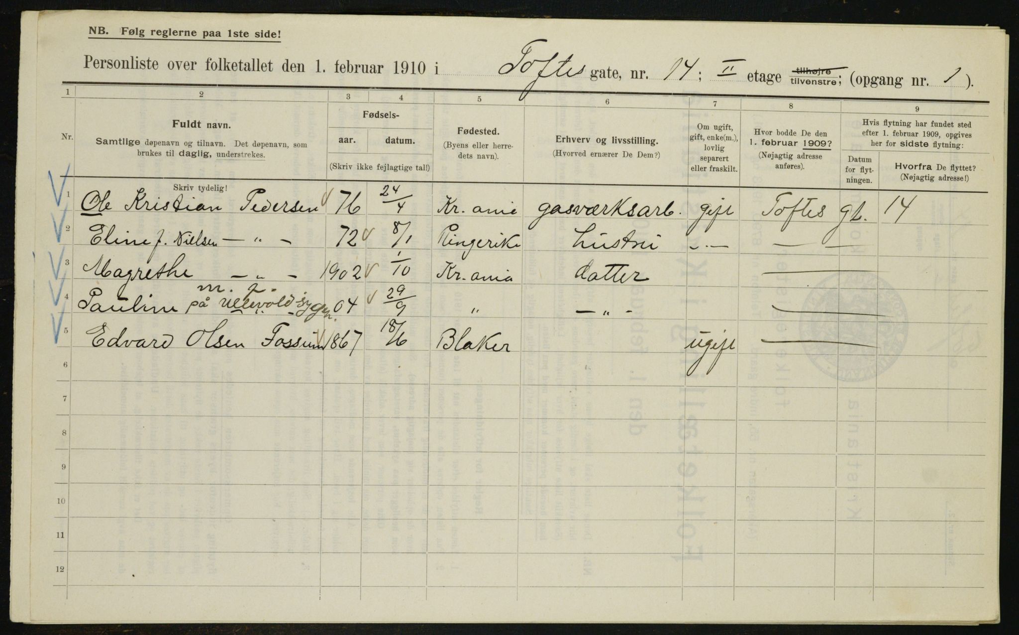 OBA, Municipal Census 1910 for Kristiania, 1910, p. 105842