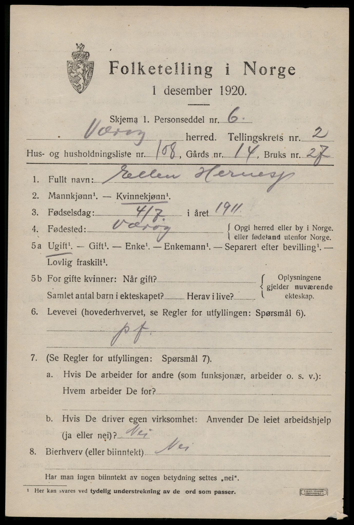 SAT, 1920 census for Værøy, 1920, p. 2223