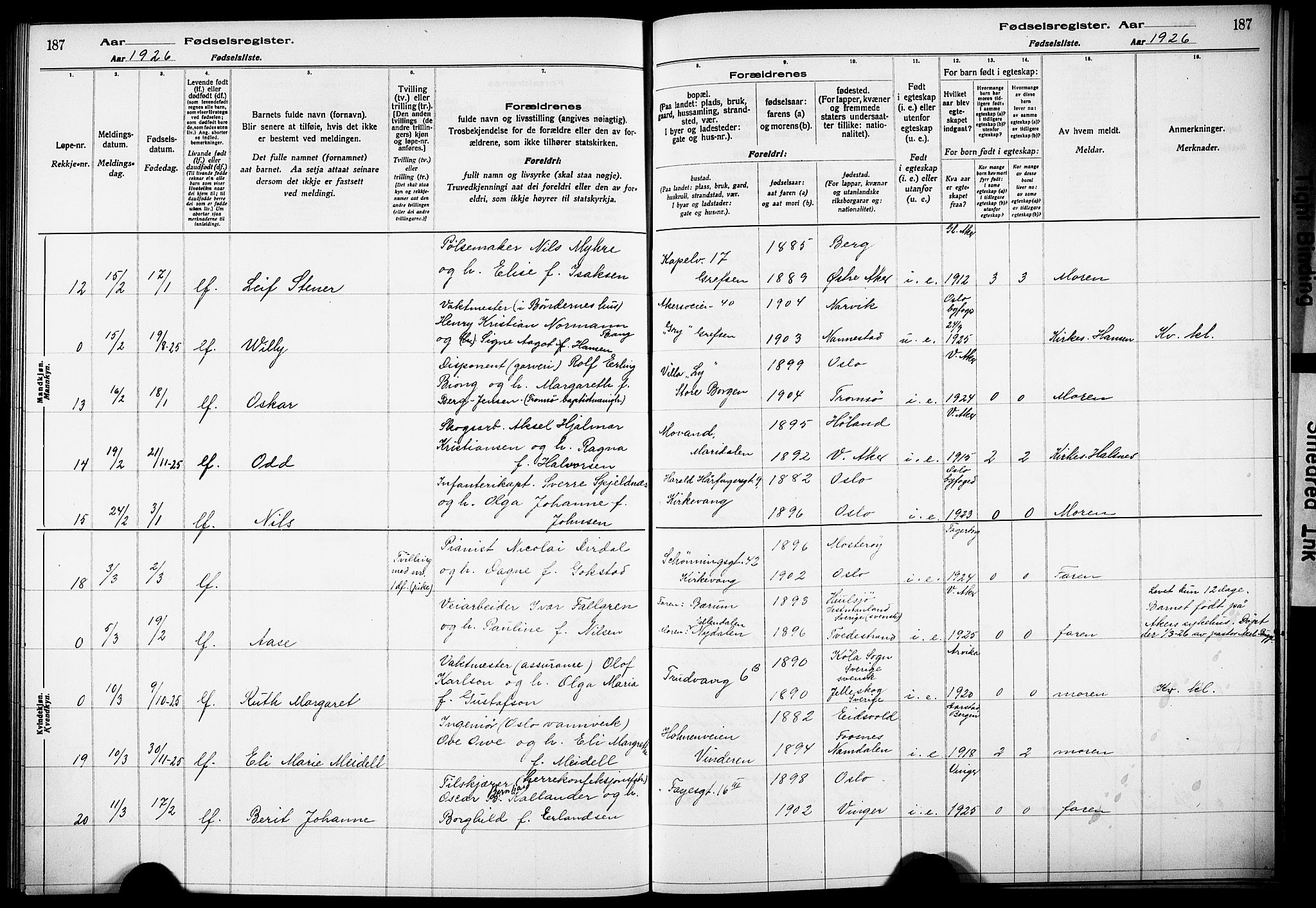 Vestre Aker prestekontor Kirkebøker, AV/SAO-A-10025/J/Ja/L0002: Birth register no. 2, 1922-1926, p. 187