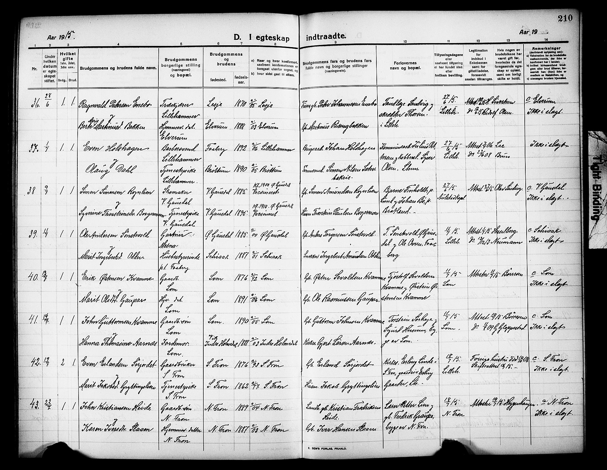 Lillehammer prestekontor, AV/SAH-PREST-088/H/Ha/Hab/L0002: Parish register (copy) no. 2, 1913-1929, p. 210