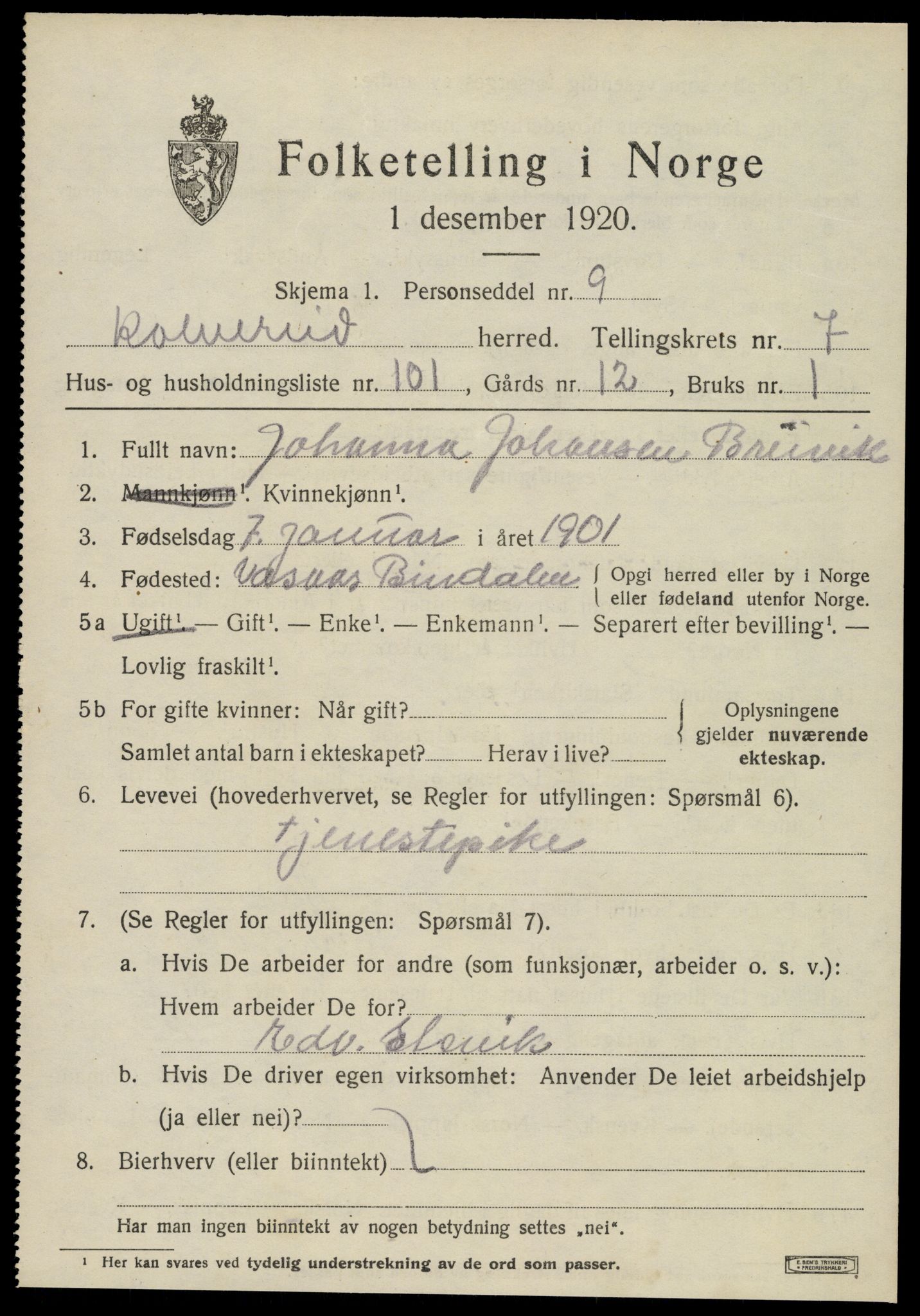 SAT, 1920 census for Kolvereid, 1920, p. 5087