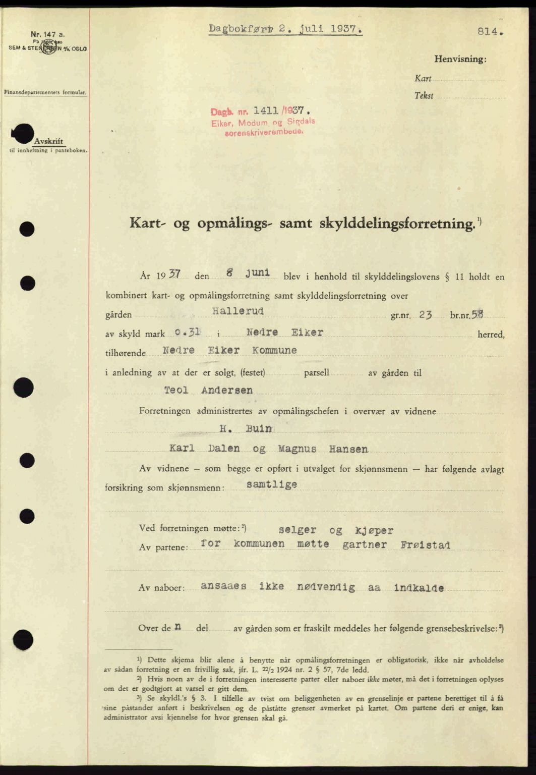 Eiker, Modum og Sigdal sorenskriveri, SAKO/A-123/G/Ga/Gab/L0035: Mortgage book no. A5, 1937-1937, Diary no: : 1411/1937