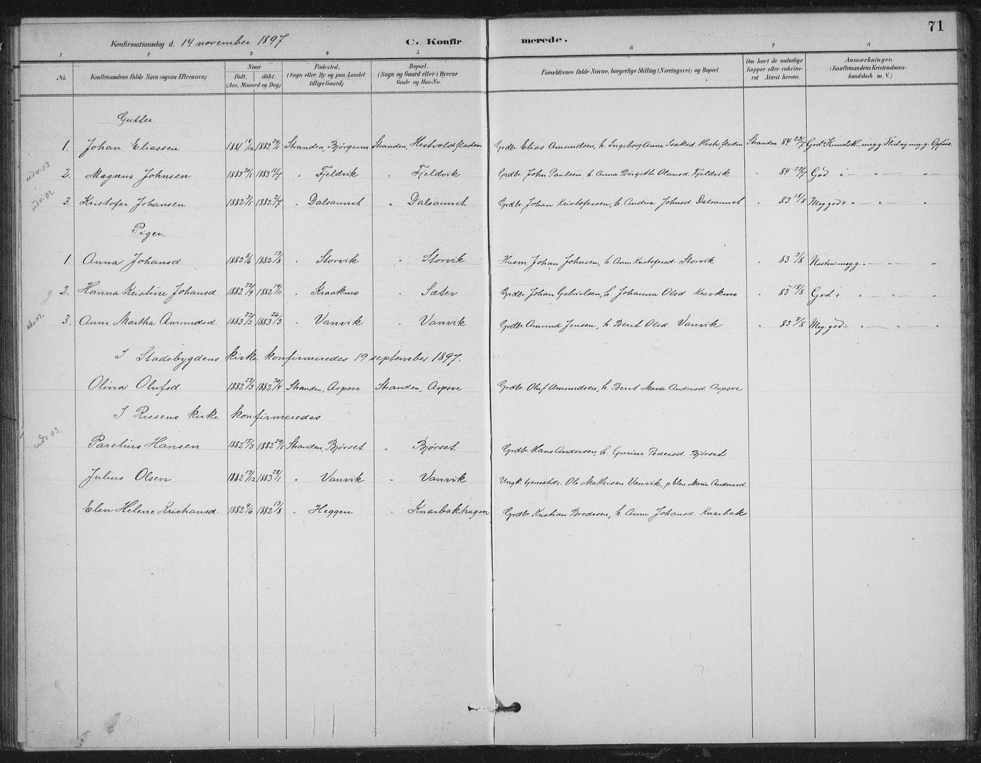 Ministerialprotokoller, klokkerbøker og fødselsregistre - Nord-Trøndelag, AV/SAT-A-1458/702/L0023: Parish register (official) no. 702A01, 1883-1897, p. 71