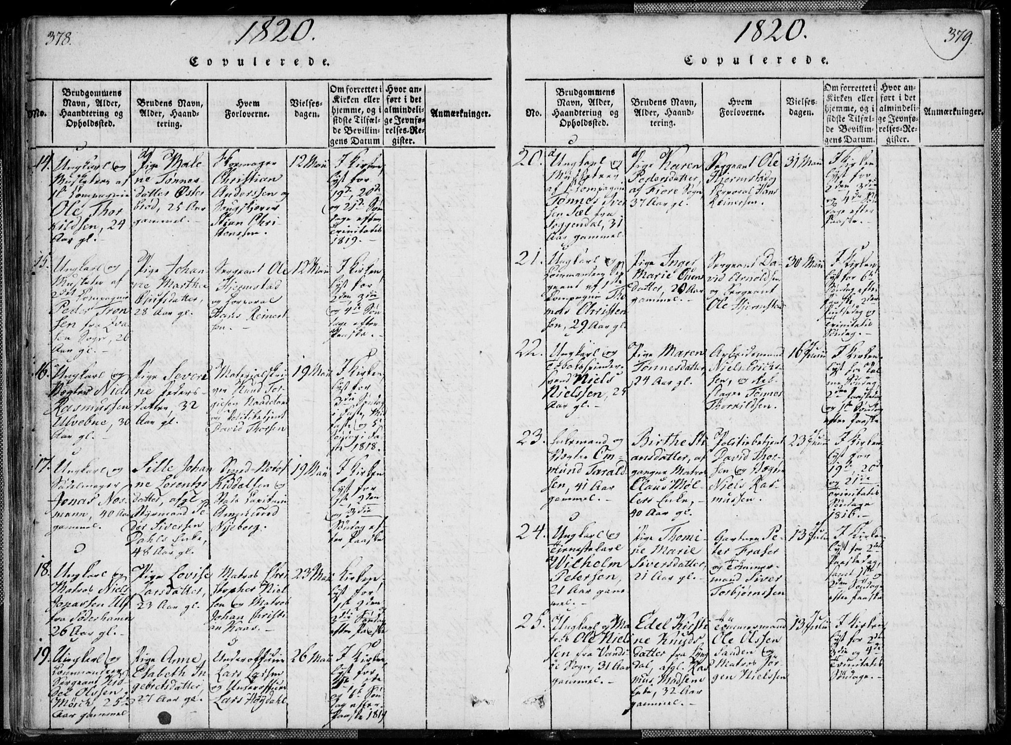 Kristiansand domprosti, AV/SAK-1112-0006/F/Fa/L0008: Parish register (official) no. A 8, 1818-1821, p. 378-379