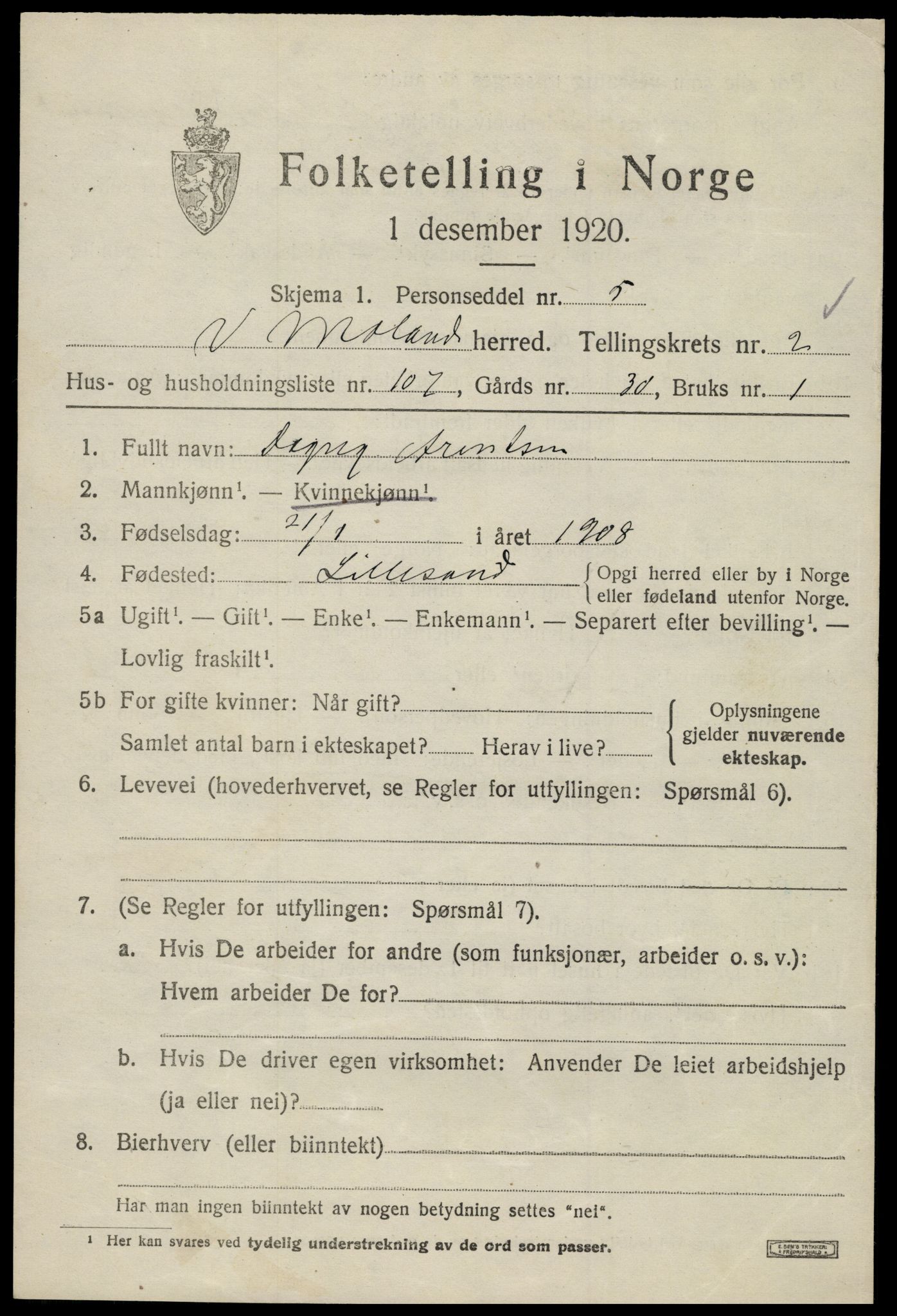 SAK, 1920 census for Vestre Moland, 1920, p. 3335