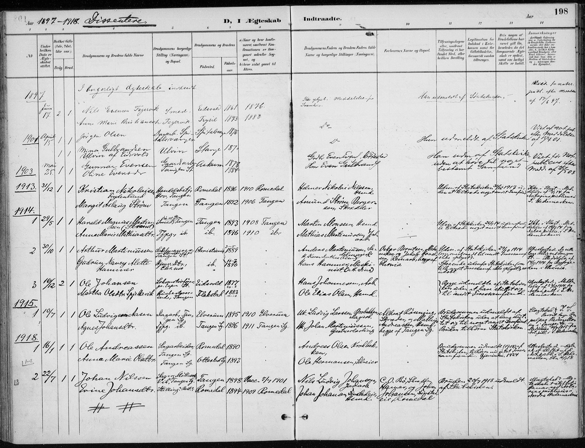 Stange prestekontor, SAH/PREST-002/K/L0023: Parish register (official) no. 23, 1897-1920, p. 198