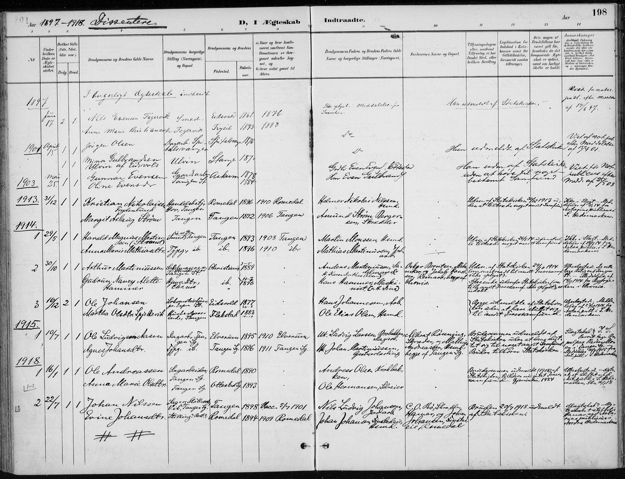 Stange prestekontor, AV/SAH-PREST-002/K/L0023: Parish register (official) no. 23, 1897-1920, p. 198