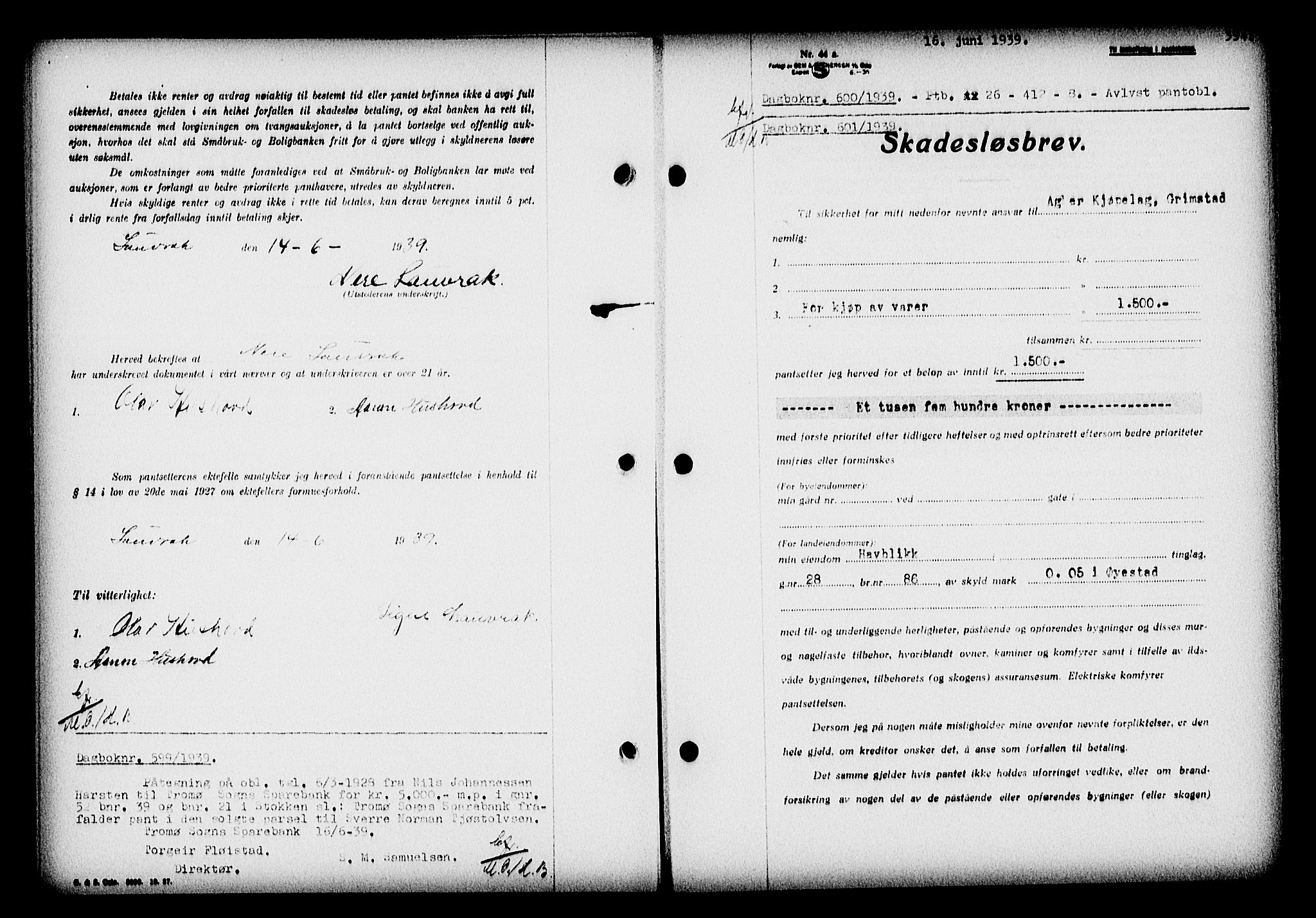 Nedenes sorenskriveri, SAK/1221-0006/G/Gb/Gba/L0046: Mortgage book no. 42, 1938-1939, Diary no: : 600/1939