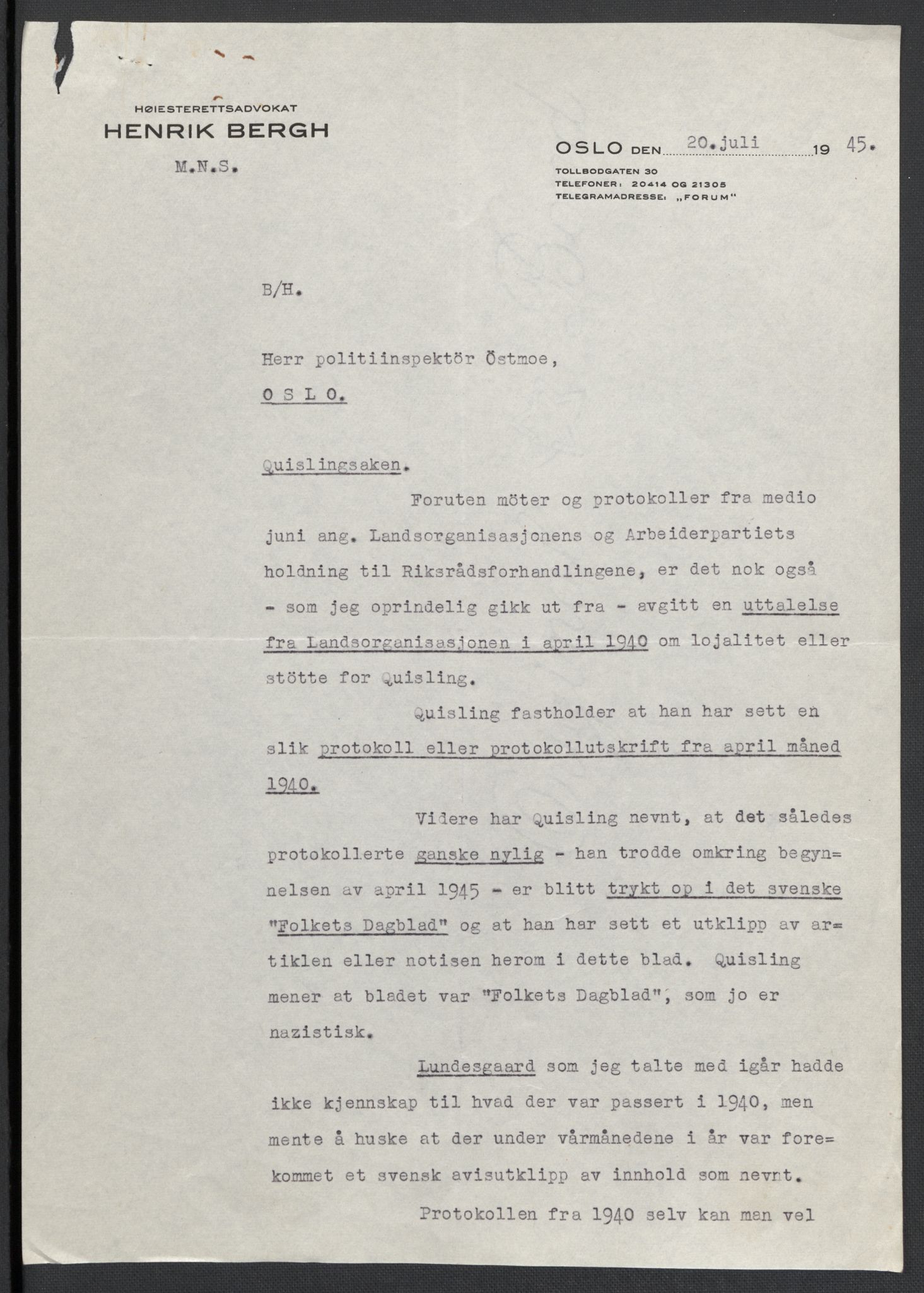 Landssvikarkivet, Oslo politikammer, AV/RA-S-3138-01/D/Da/L0003: Dnr. 29, 1945, p. 3578