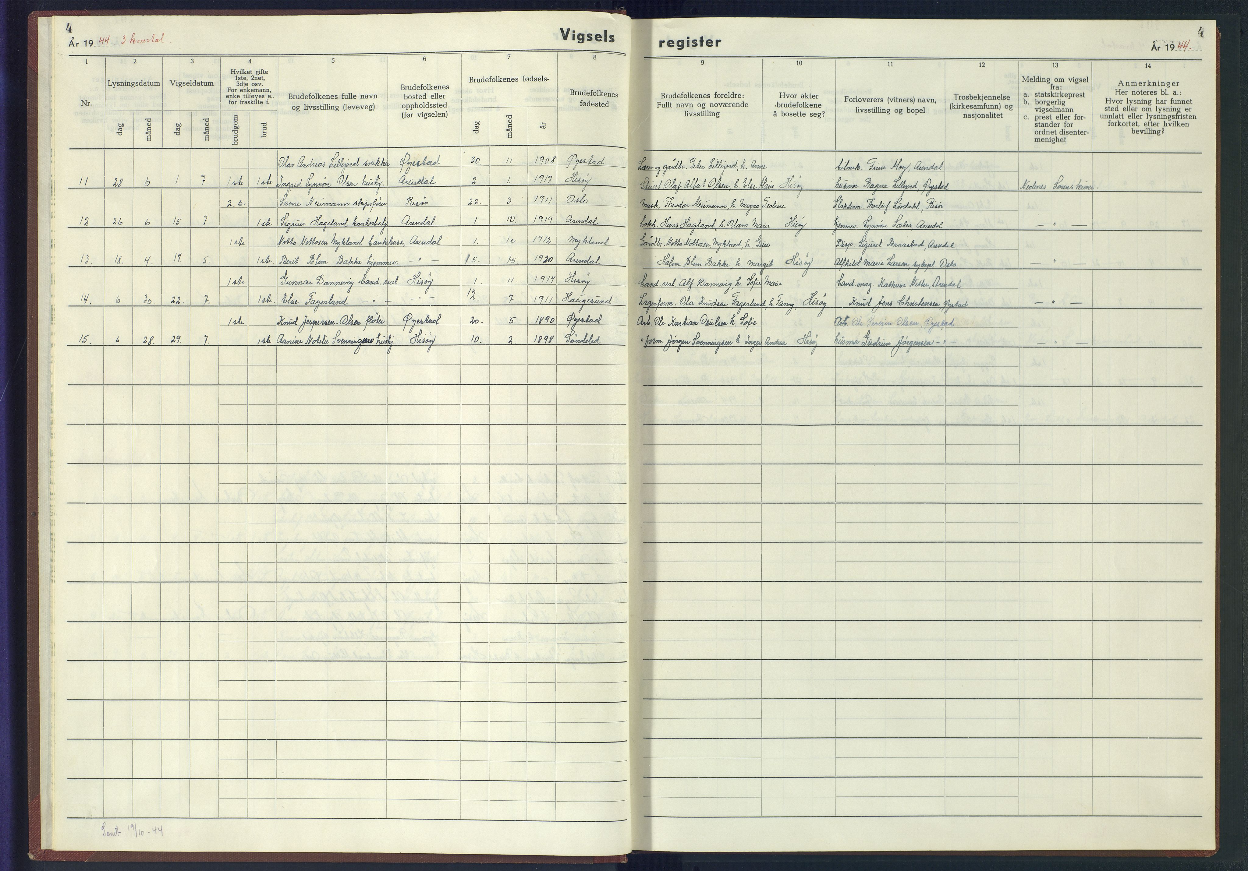 Hisøy sokneprestkontor, AV/SAK-1111-0020/J/Jb/L0002: Marriage register no. A-VI-5, 1943-1945, p. 4