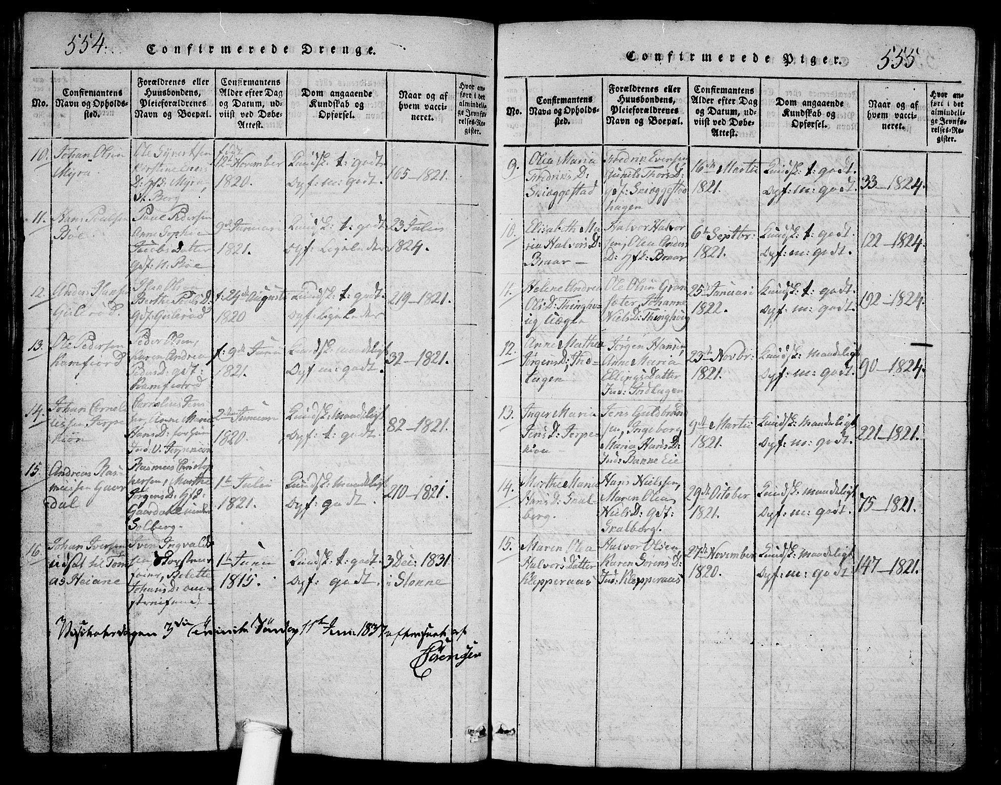 Ramnes kirkebøker, AV/SAKO-A-314/G/Ga/L0001: Parish register (copy) no. I 1, 1813-1847, p. 554-555