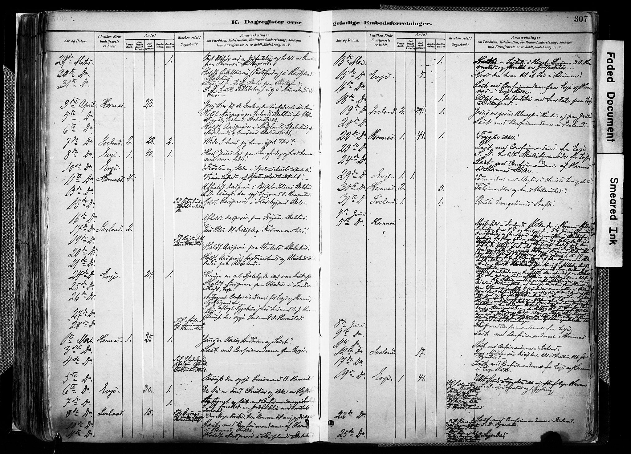 Evje sokneprestkontor, AV/SAK-1111-0008/F/Fa/Faa/L0007: Parish register (official) no. A 7, 1884-1909, p. 307