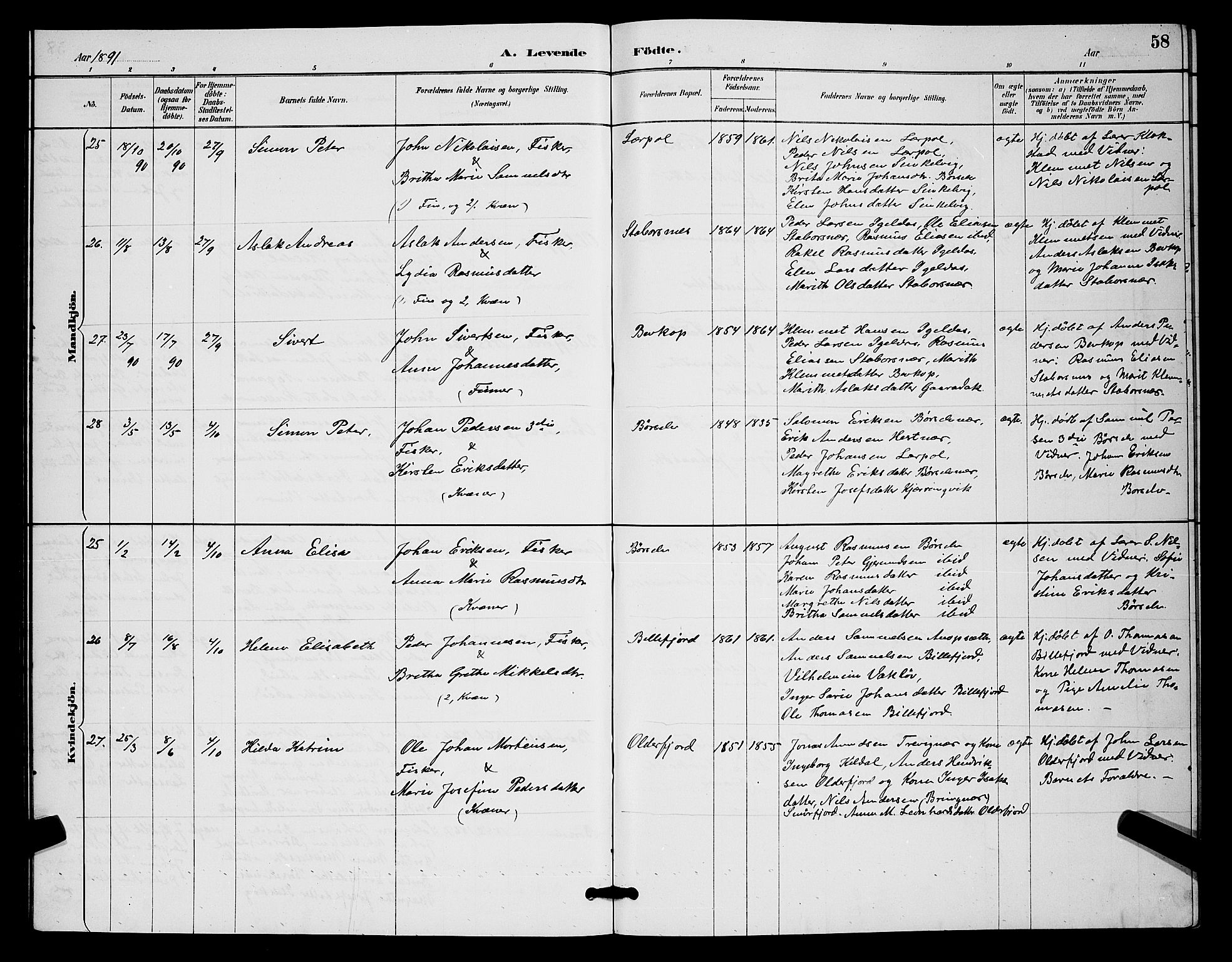 Kistrand/Porsanger sokneprestembete, AV/SATØ-S-1351/H/Hb/L0004.klokk: Parish register (copy) no. 4, 1885-1894, p. 58