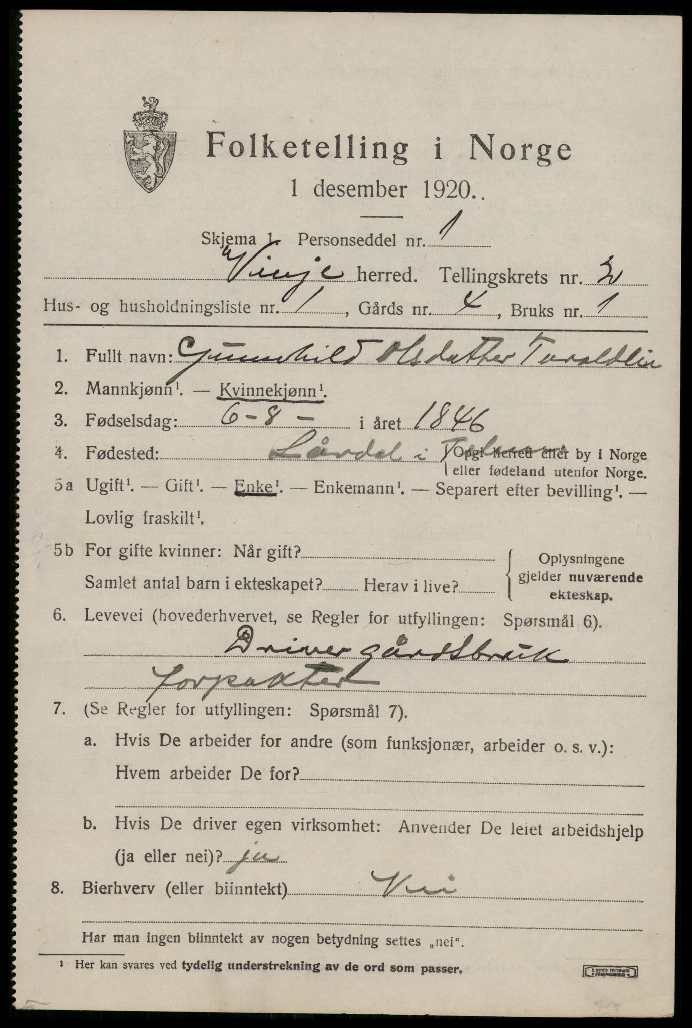 SAKO, 1920 census for Vinje, 1920, p. 883