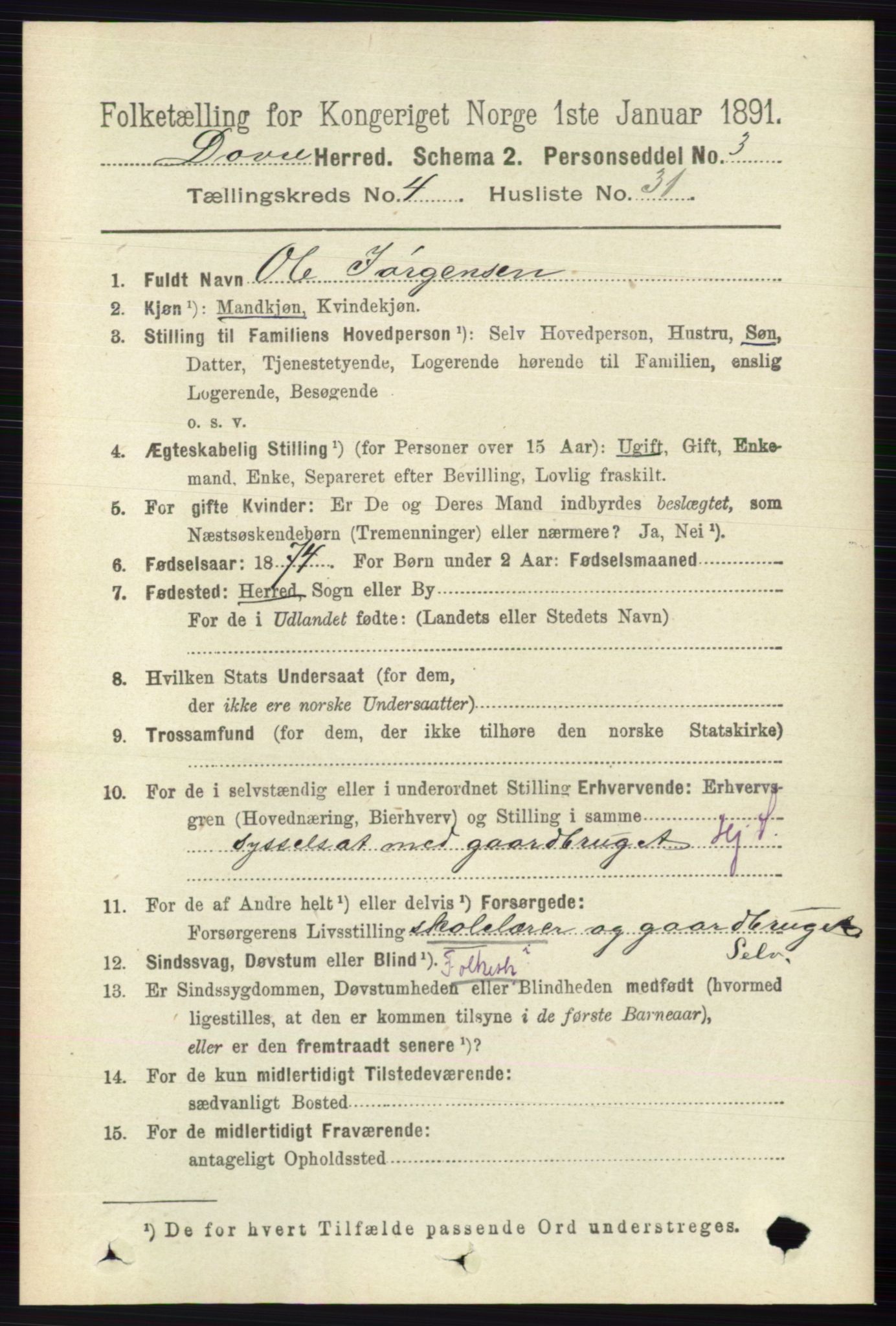 RA, 1891 census for 0511 Dovre, 1891, p. 2131