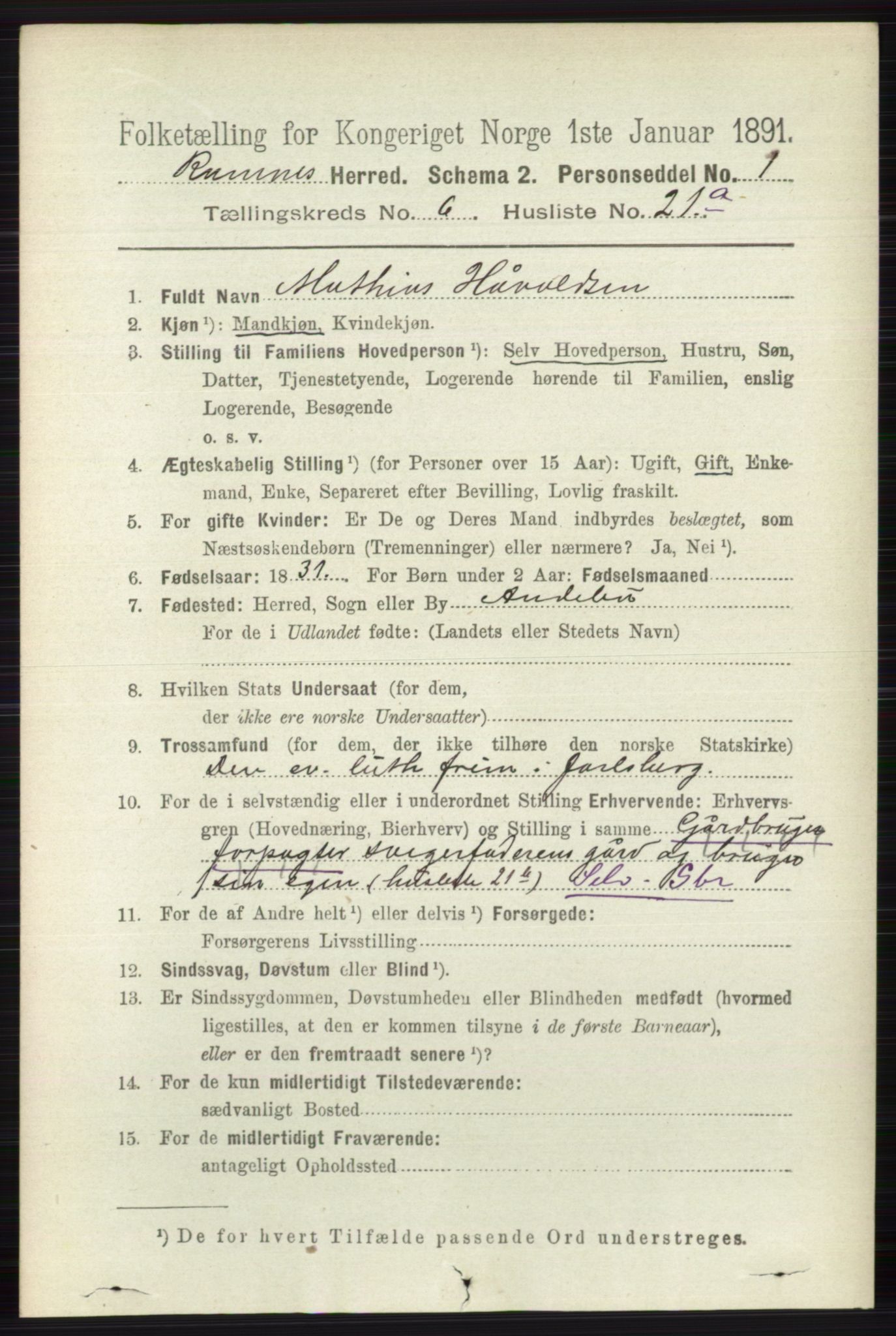 RA, 1891 census for 0718 Ramnes, 1891, p. 3433
