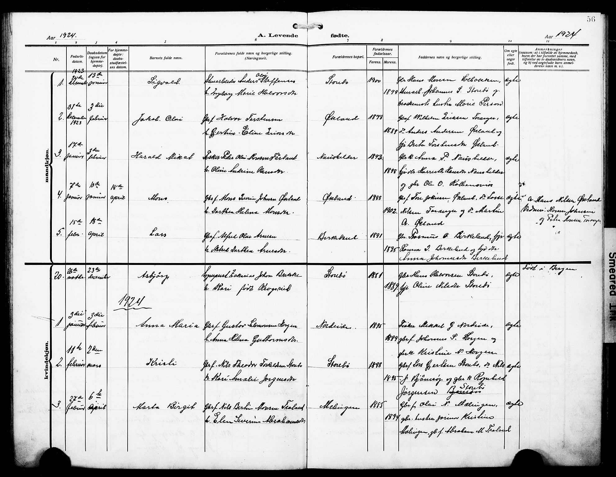Austevoll Sokneprestembete, SAB/A-74201/H/Hab: Parish register (copy) no. A 5, 1913-1925, p. 56