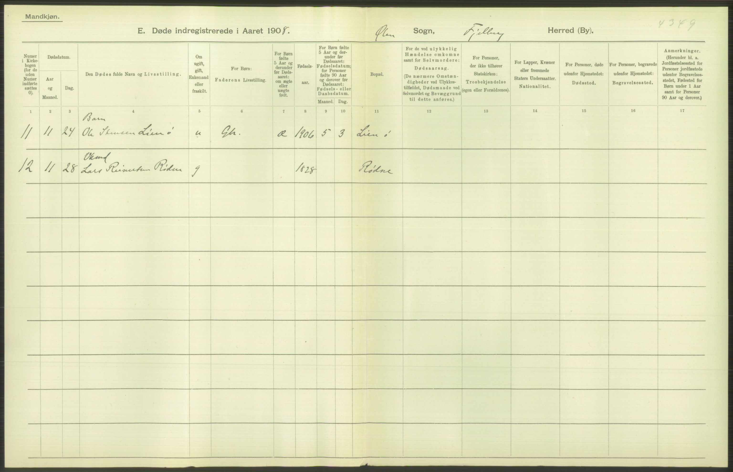 Statistisk sentralbyrå, Sosiodemografiske emner, Befolkning, AV/RA-S-2228/D/Df/Dfa/Dfaf/L0029: S. Bergenhus amt: Døde. Bygder., 1908, p. 44