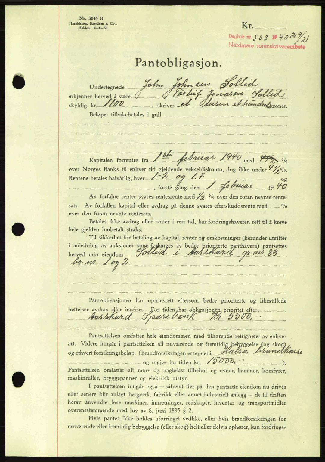 Nordmøre sorenskriveri, AV/SAT-A-4132/1/2/2Ca: Mortgage book no. B86, 1939-1940, Diary no: : 588/1940