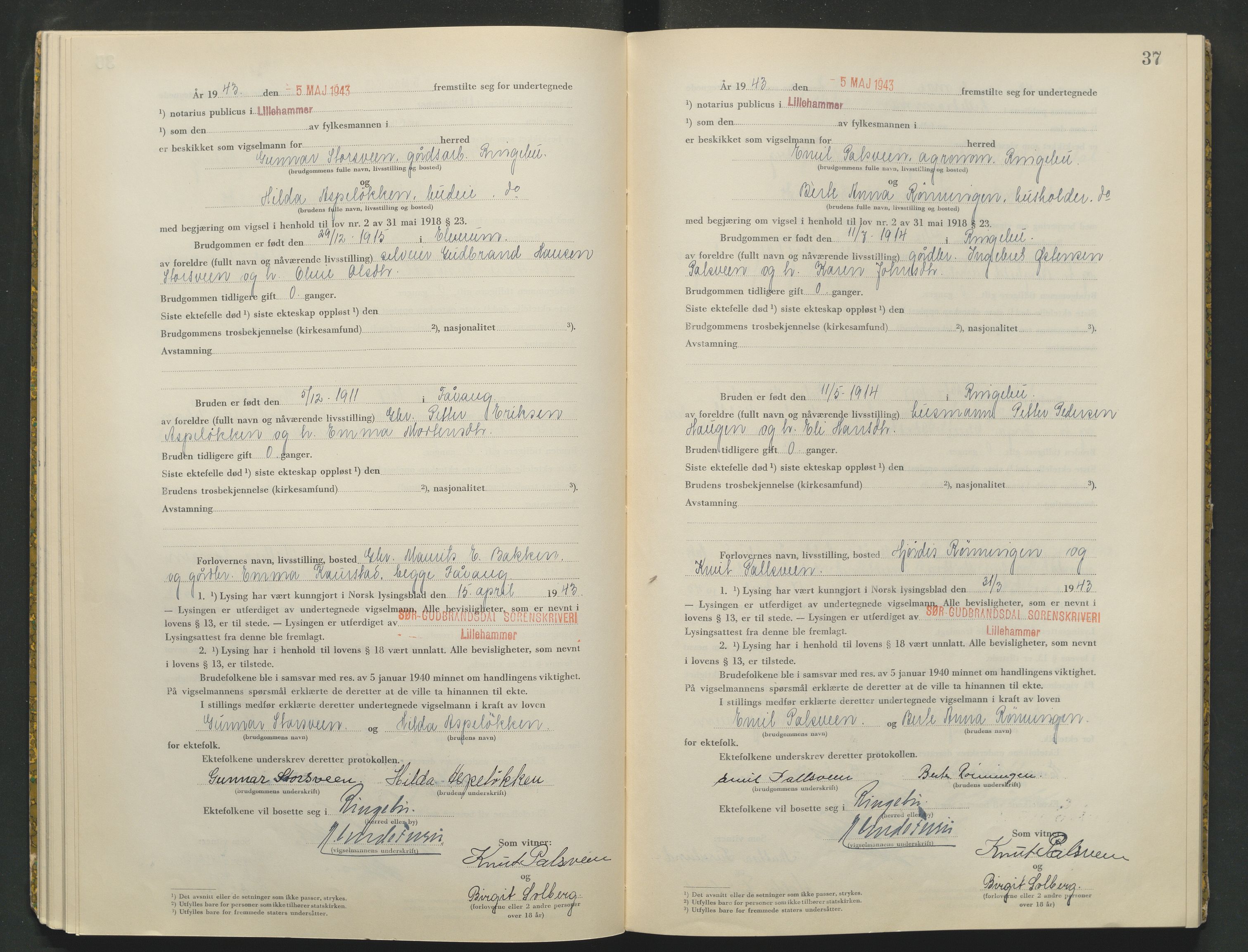 Sør-Gudbrandsdal tingrett, AV/SAH-TING-004/L/Lc/L0003: Vigselsprotokoll, 1943, p. 37