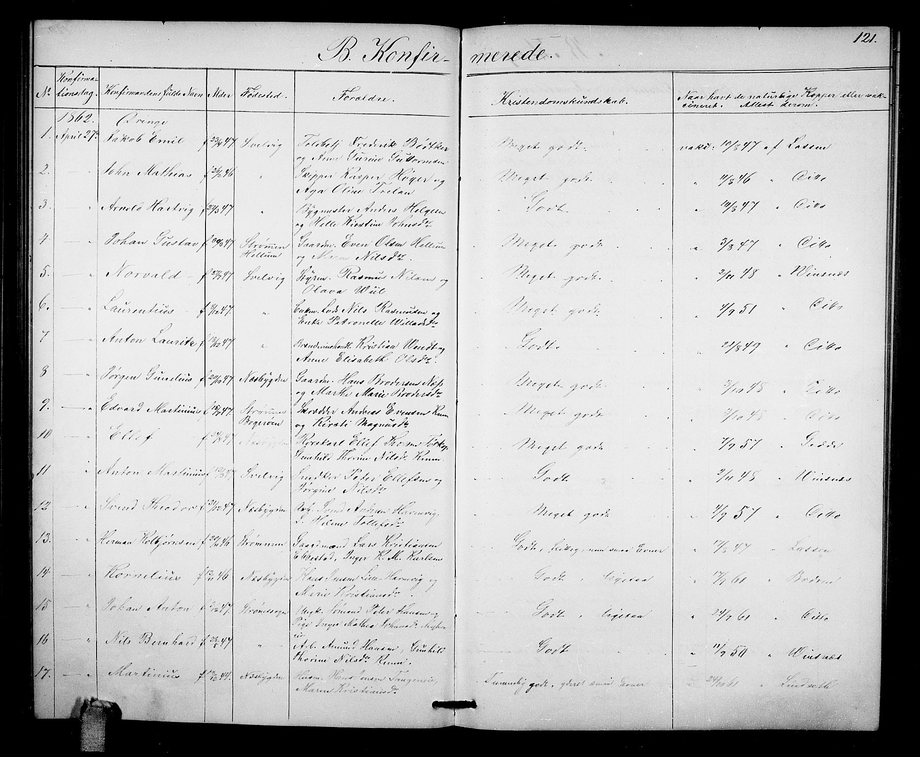 Strømm kirkebøker, SAKO/A-322/G/Ga/L0001: Parish register (copy) no. I 1, 1861-1885, p. 121