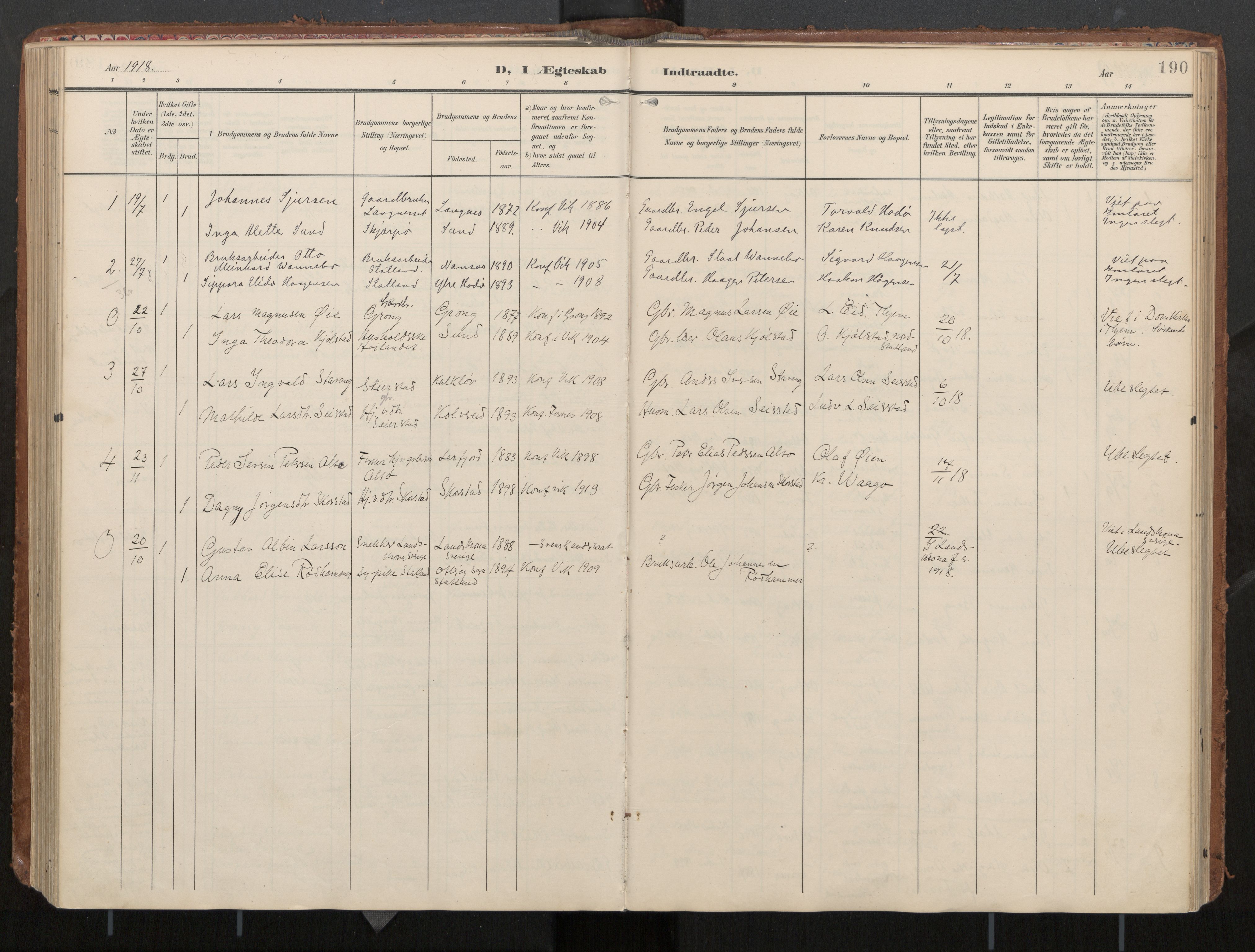 Ministerialprotokoller, klokkerbøker og fødselsregistre - Nord-Trøndelag, AV/SAT-A-1458/774/L0629: Parish register (official), 1904-1926, p. 190