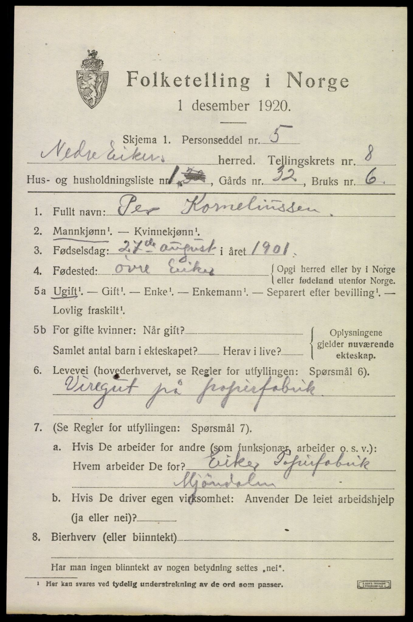 SAKO, 1920 census for Nedre Eiker, 1920, p. 8417