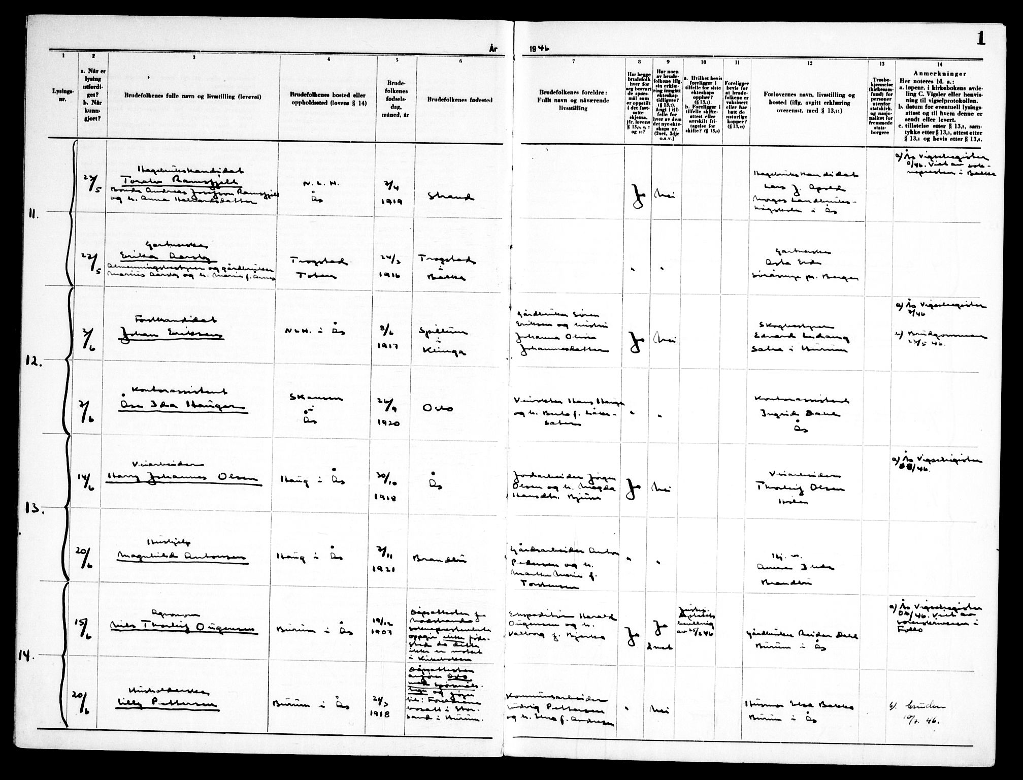 Ås prestekontor Kirkebøker, AV/SAO-A-10894/H/Ha/L0002: Banns register no. 2, 1946-1955, p. 1