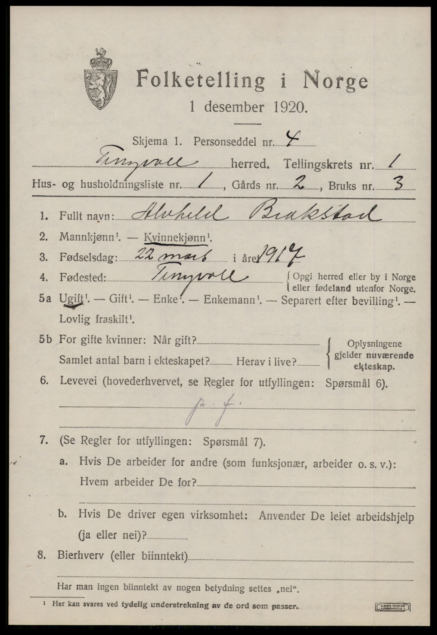 SAT, 1920 census for Tingvoll, 1920, p. 1038