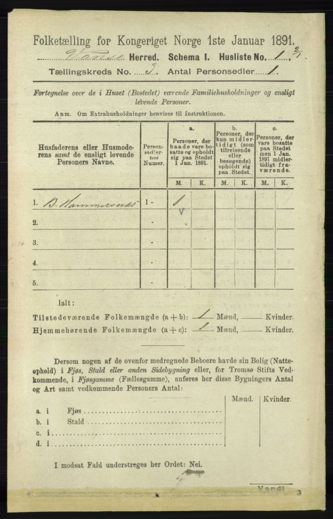 RA, 1891 census for 1041 Vanse, 1891, p. 1258