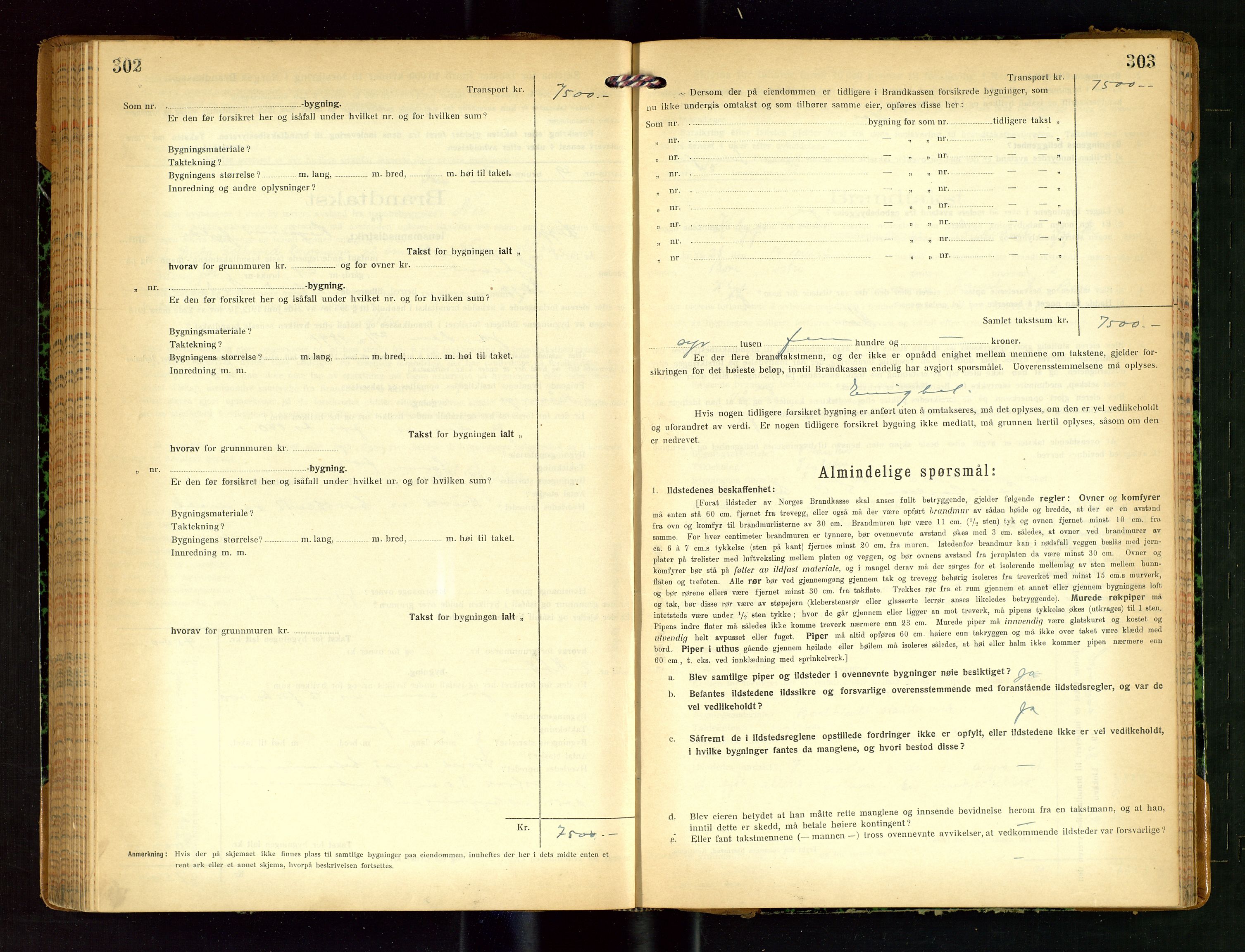 Klepp lensmannskontor, SAST/A-100163/Goc/L0011: "Brandtakstprotokoll" m/register, 1924-1929, p. 302-303