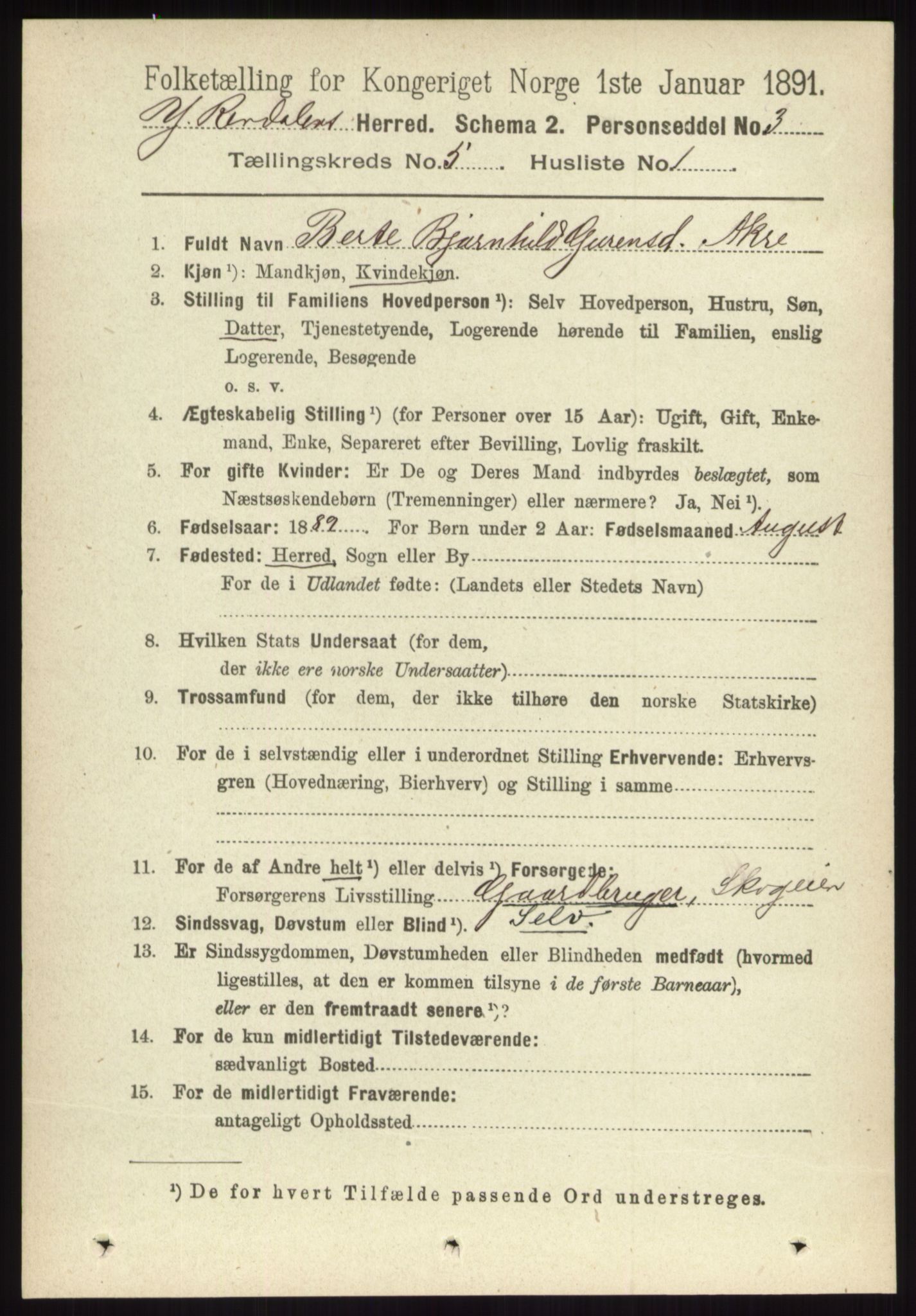 RA, 1891 census for 0432 Ytre Rendal, 1891, p. 1248